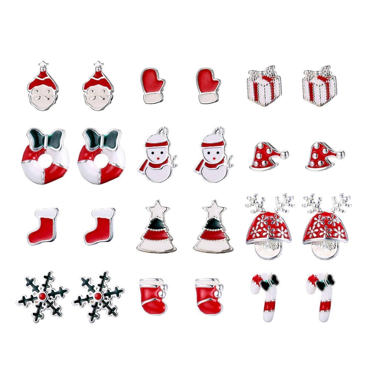 Sortierte weihnachtsthematische Emaille-Ohrringe, darunter Weihnachtsmänner, Handschuhe, Geschenke, Schleifen, Schneemänner, Mützen, Strümpfe, Schneeflocken und Zuckerstangen, in Reihen auf weißem Hintergrund angeordnet.