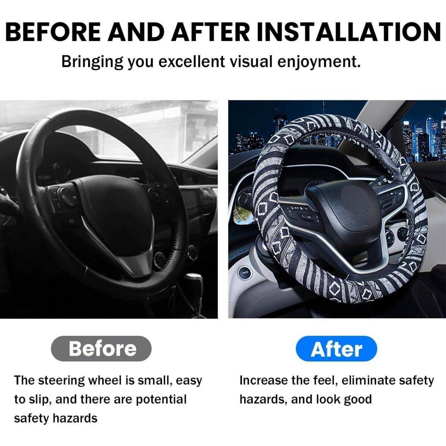 Lenkradabzug vor und nach der Installation in einem Auto, zeigt ein unbedecktes Lenkrad auf der linken Seite und einen strukturierten Griffschutz auf der rechten Seite, mit Text über verbesserte Haptik und Sicherheit.