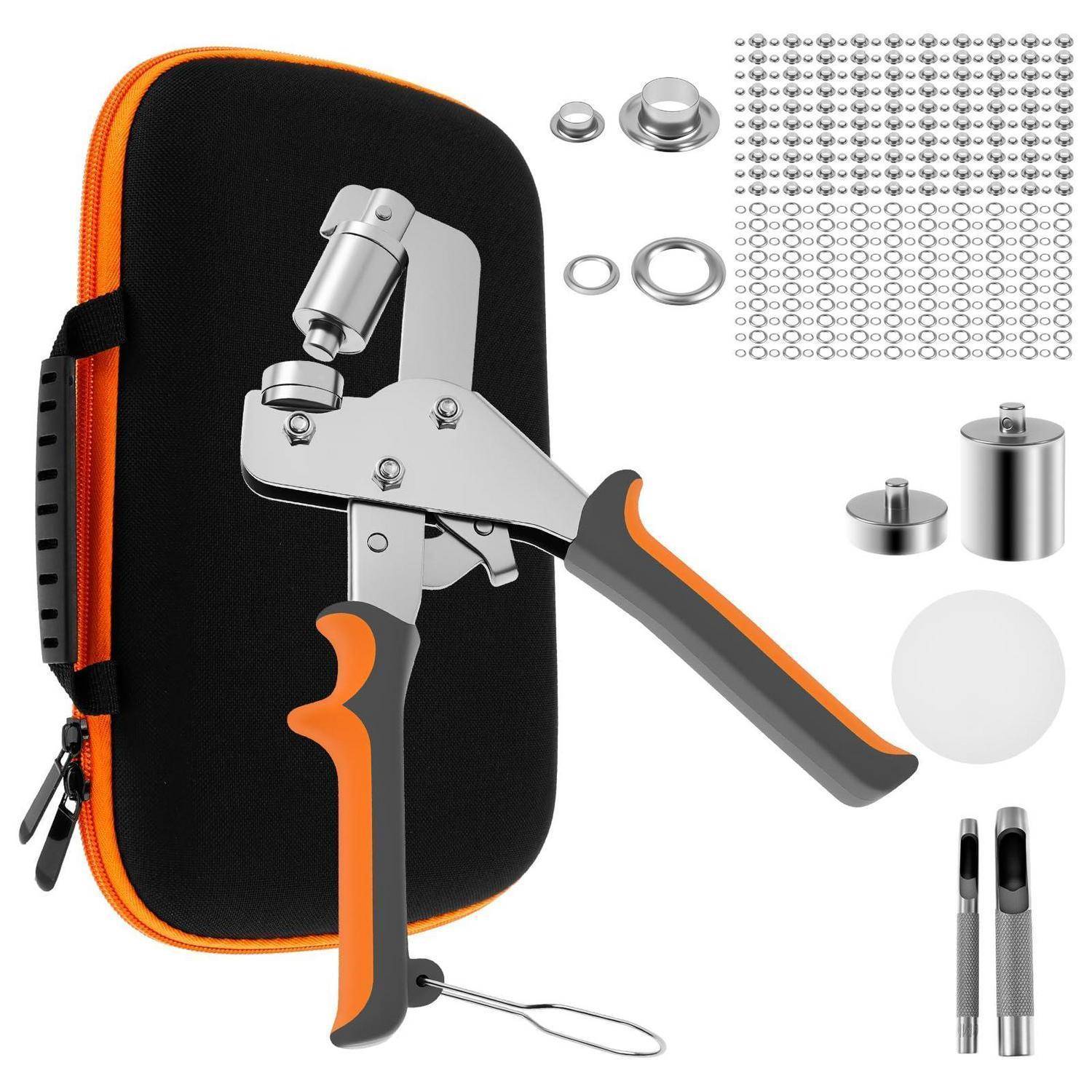 Profi Ösenzange Set, Magnetische Ösenpresse mit 200 rostfreien Ösen (100pcs Ø6mm und 100pcs Ø10mm), Ösenstanze mit wechselbarem Stanzkopf für P