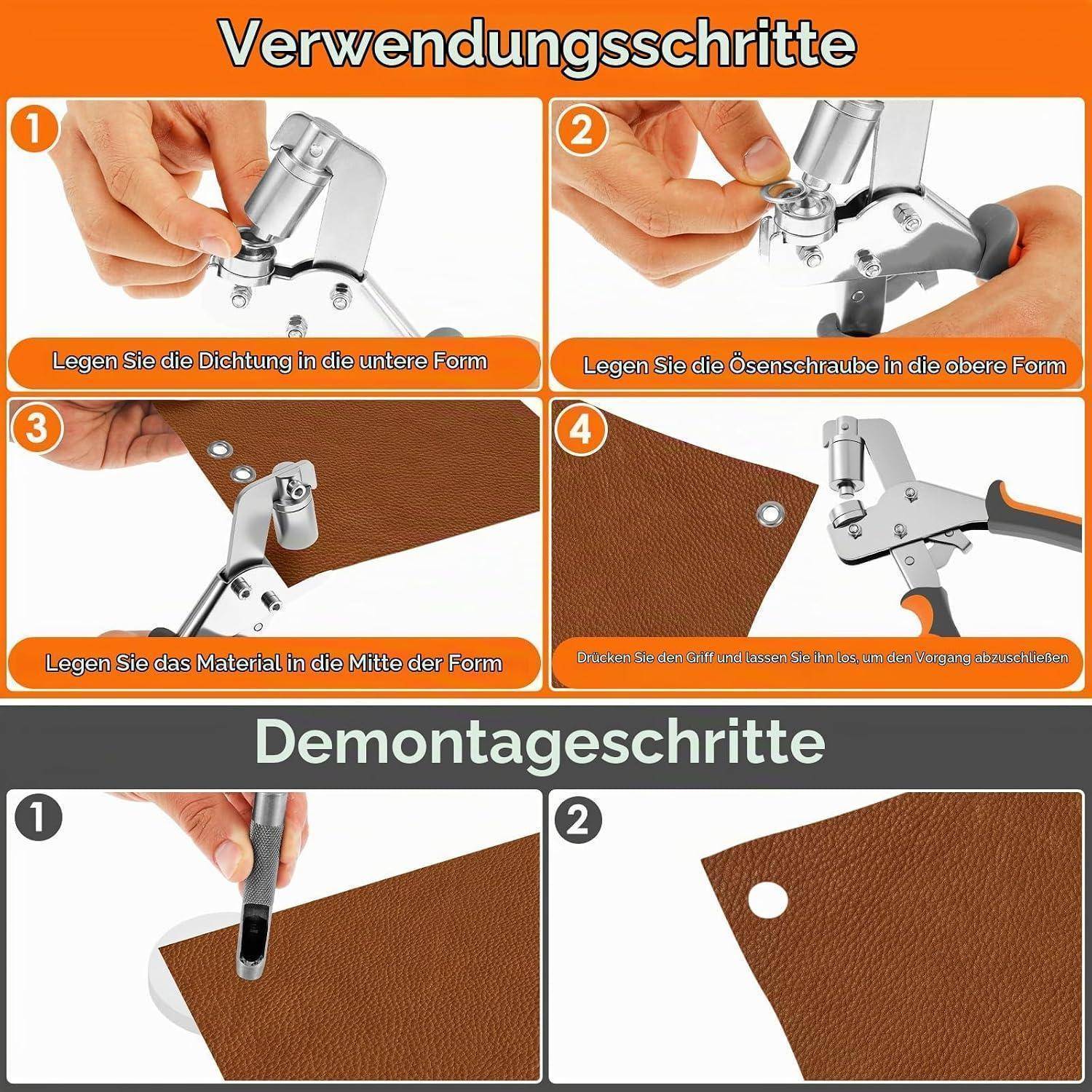 Profi Ösenzange Set, Magnetische Ösenpresse mit 200 rostfreien Ösen (100pcs Ø6mm und 100pcs Ø10mm), Ösenstanze mit wechselbarem Stanzkopf für P