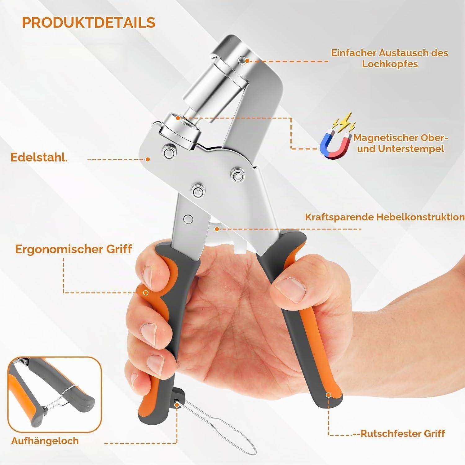 Profi Ösenzange Set, Magnetische Ösenpresse mit 200 rostfreien Ösen (100pcs Ø6mm und 100pcs Ø10mm), Ösenstanze mit wechselbarem Stanzkopf für P