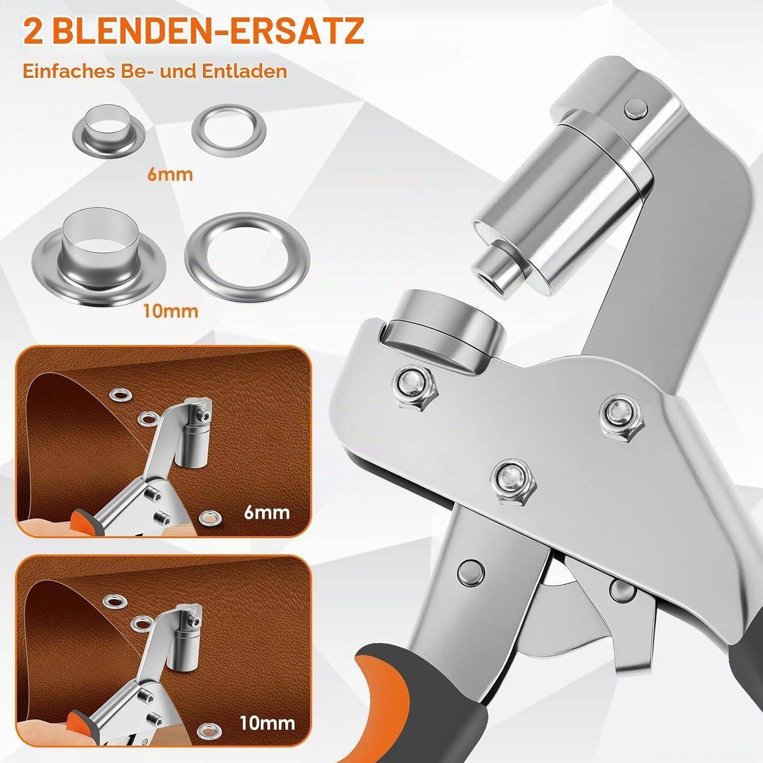 Profi Ösenzange Set, Magnetische Ösenpresse mit 200 rostfreien Ösen (100pcs Ø6mm und 100pcs Ø10mm), Ösenstanze mit wechselbarem Stanzkopf für P