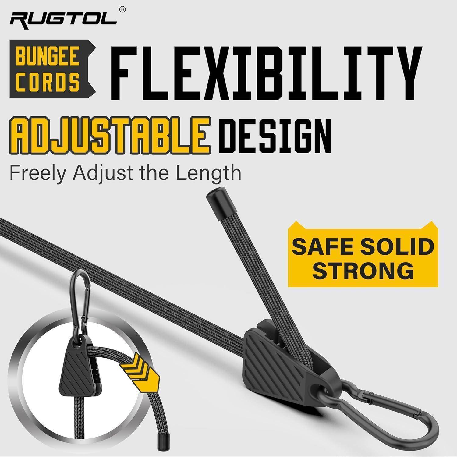 Werbegrafik für Rugtol Bungee-Seile mit verstellbarem Design und Flexibilität, mit dem Text „Länge frei einstellen