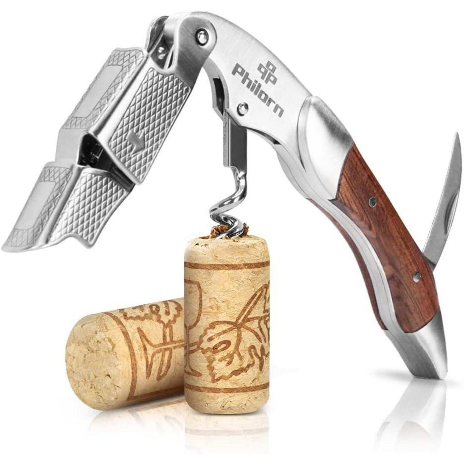 Philorn Kellnermesser All-in-1, Korkenzieher Wein Profi, Holz Kellnerbesteck Edelstahl, Gratis Weinrezept Ebook, Weinflaschenöffner