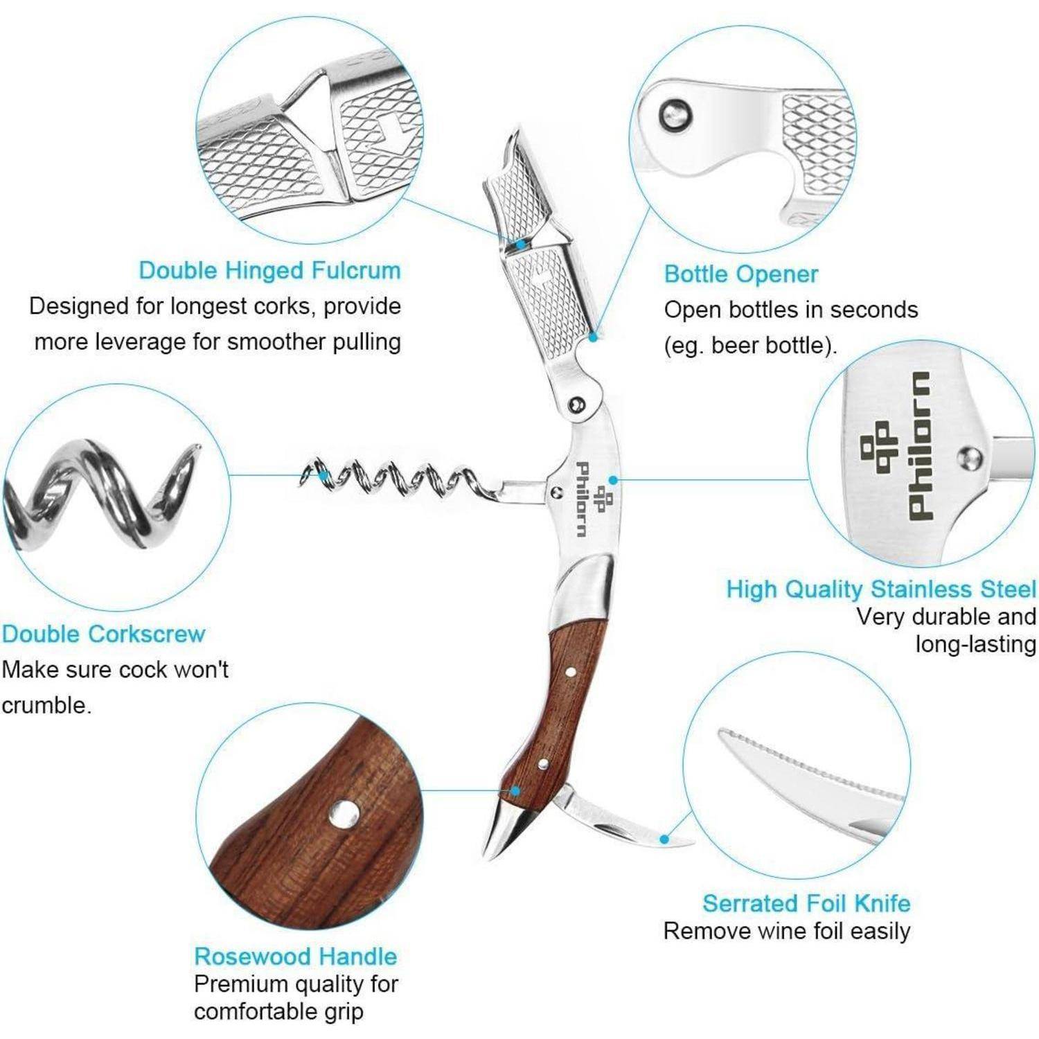 Philorn Kellnermesser All-in-1, Korkenzieher Wein Profi, Holz Kellnerbesteck Edelstahl, Gratis Weinrezept Ebook, Weinflaschenöffner