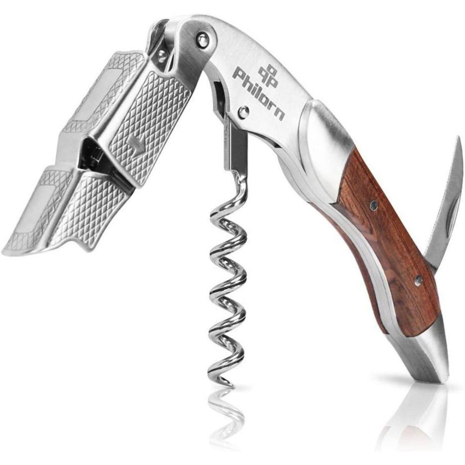 Philorn Kellnermesser All-in-1, Korkenzieher Wein Profi, Holz Kellnerbesteck Edelstahl, Gratis Weinrezept Ebook, Weinflaschenöffner