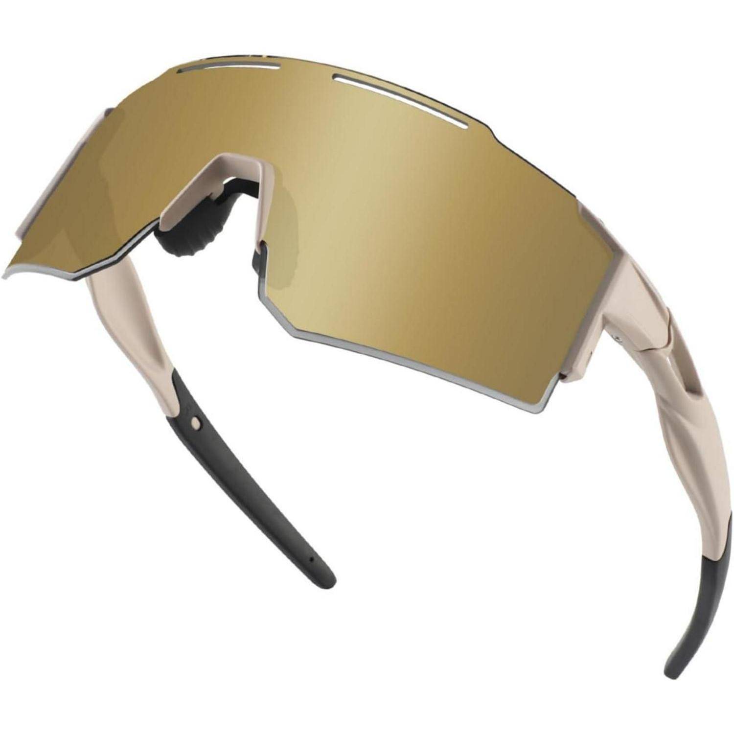 Sportsonnenbrille mit Wickeldesign, goldenem verspiegeltem Glas und schwarzen Bügeln auf weißem Hintergrund.