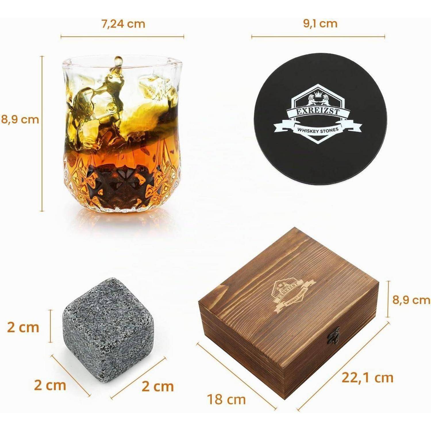 Größentabelle für Produkte mit Abmessungen einer Whiskyglas, rundem Deckel, Steinwürfel und Holzbox in cm.