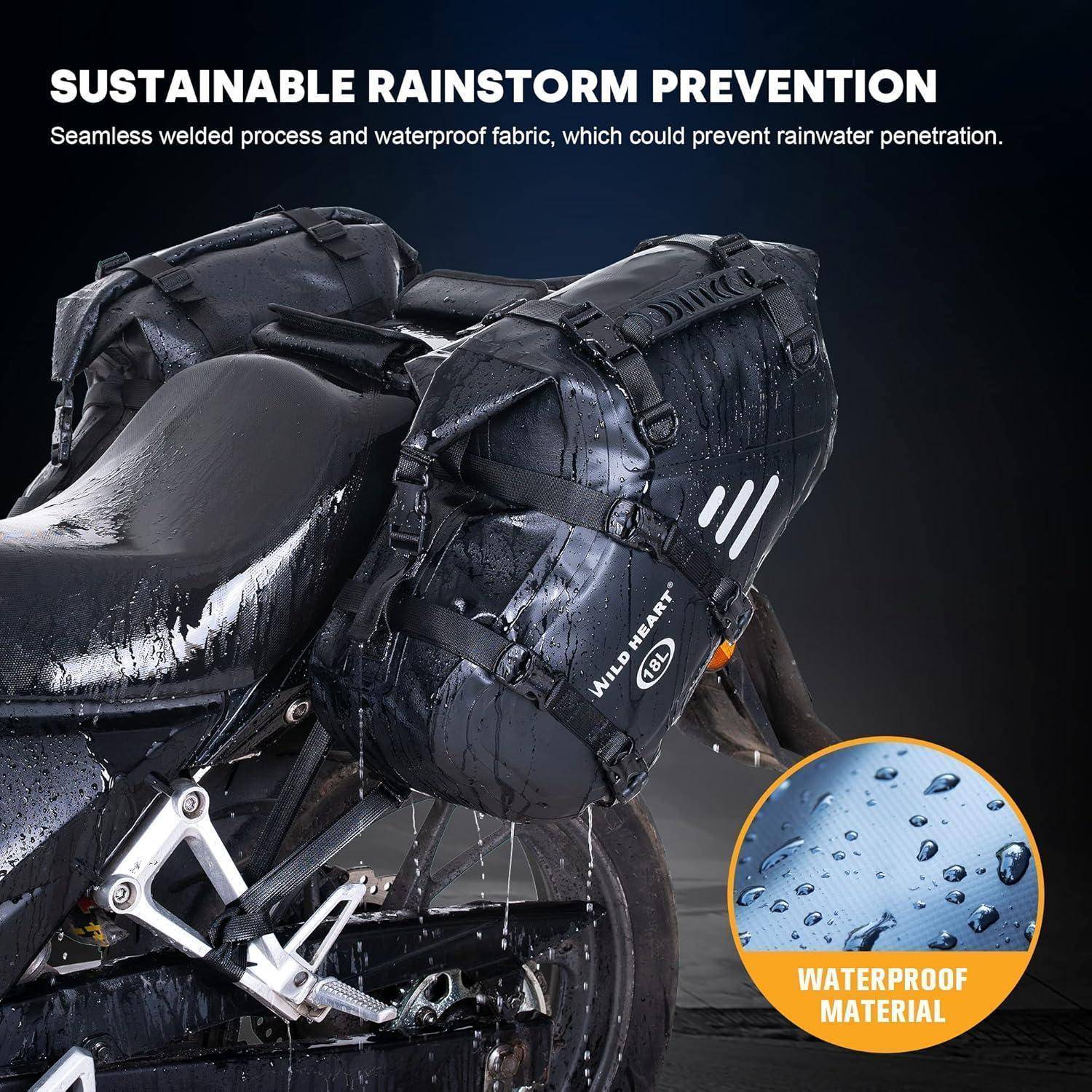 Regennasse Motorradgepäcktasche mit der Förderung von „NACHHALTIGER STURMFLUTPRÄVENTION" mit wasserdichtem Material und verschweißten Nähten, um Regenwasser zu blockieren.