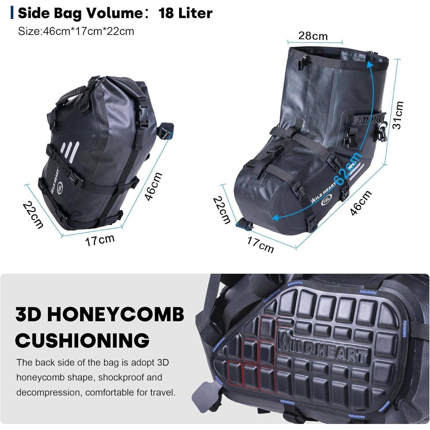 Produktgrafik zeigt eine Seitentasche mit 18-Liter-Volumen und Größe 46x17x22 cm, plus 3D-Wabenkissenpolsterung auf der Rückseite für Stoßschutz.