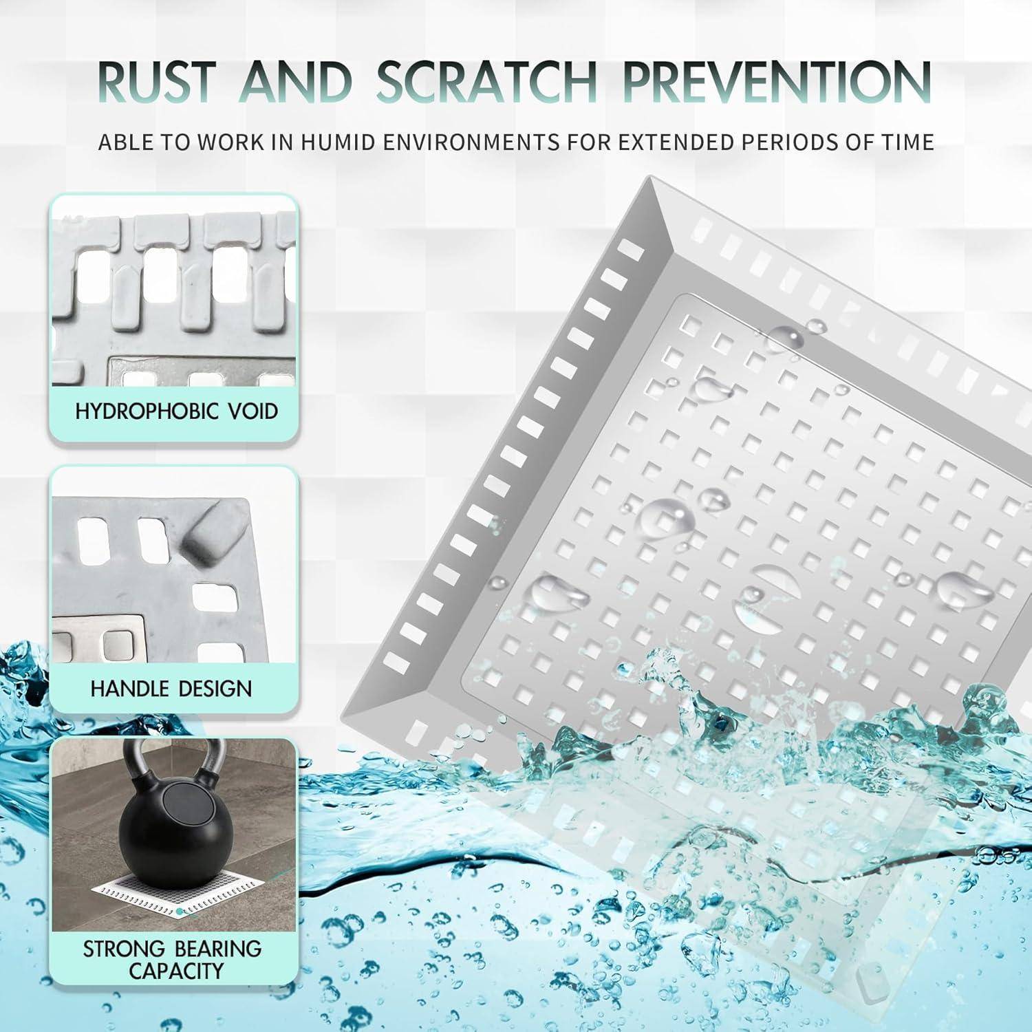 Plakat zur Förderung der Rost- und Kratzerprävention mit einem Metallpaneel mit Wassertropfen und drei Callouts: hydrophober Hohlraum, Griffdesign und hohe Tragfähigkeit.