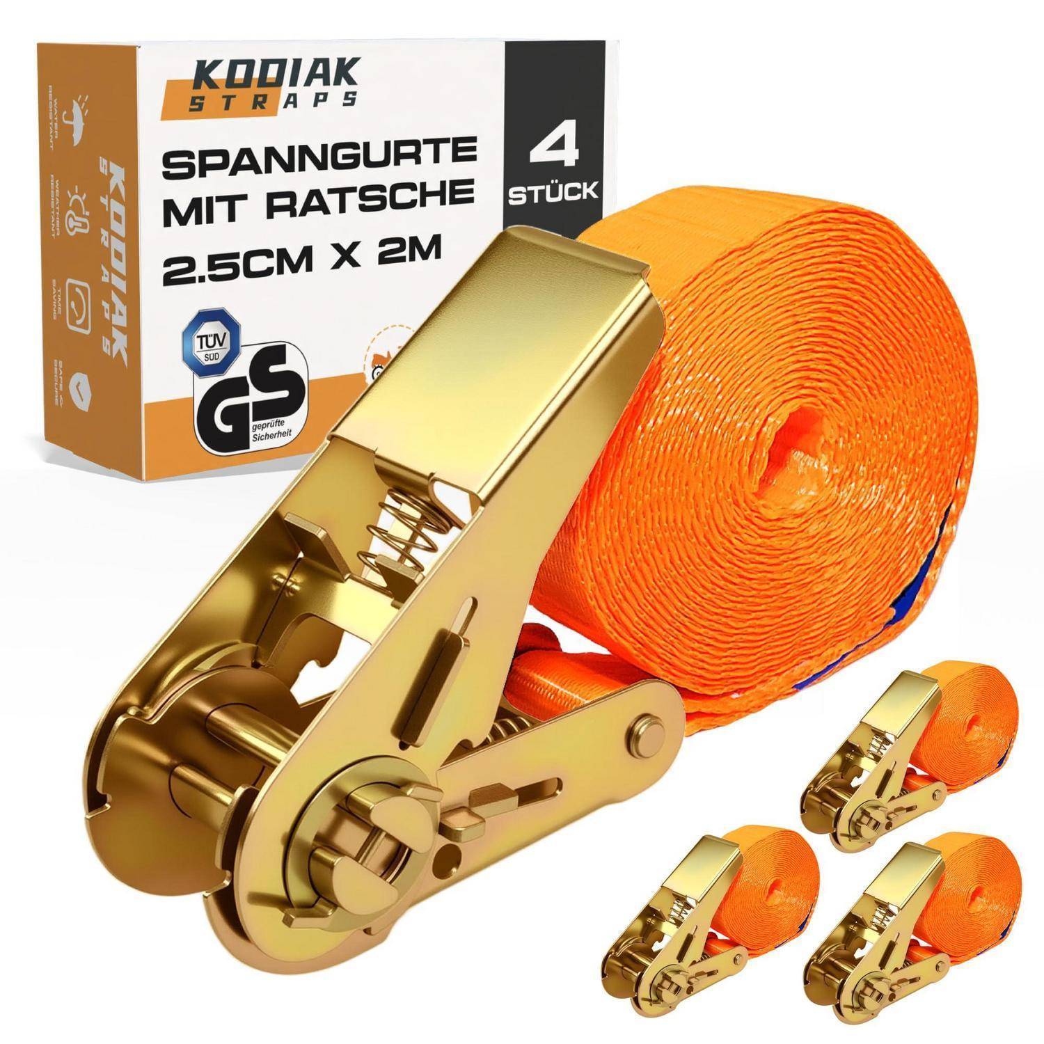 Produktfoto von KODIAK STRAPS Ratschenspanerriemen: ein großer orangefarbener Riemen mit goldener Ratschenschnalle und drei kleinere Riemen, mit Karton beschriftet mit „4 Stück