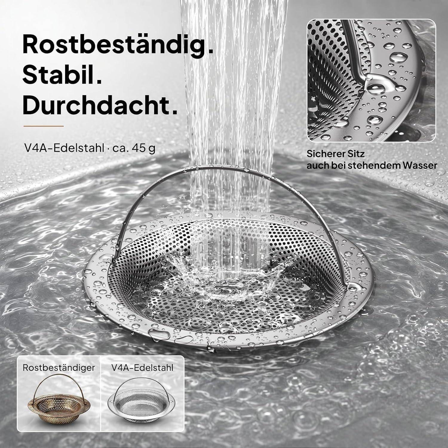 Edelstahlspülbeckensieb unter fließendem Wasser, mit deutschem Text, der Rostbeständigkeit, Stabilität und sichere Passung in stehendem Wasser bewirbt.