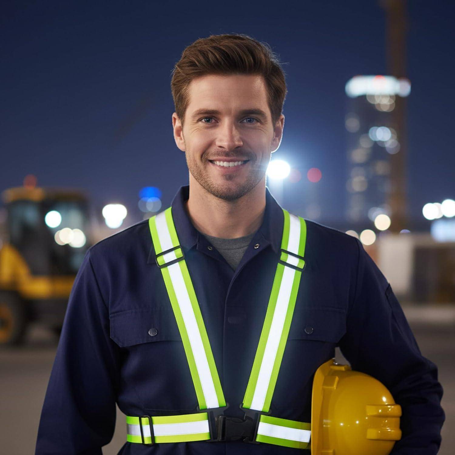 Lächelnder Bauarbeiter in dunkelblauer Uniform mit reflektierenden Sicherheitsgurten, der einen gelben Schutzhelm auf einer Baustelle in der Nacht hält.