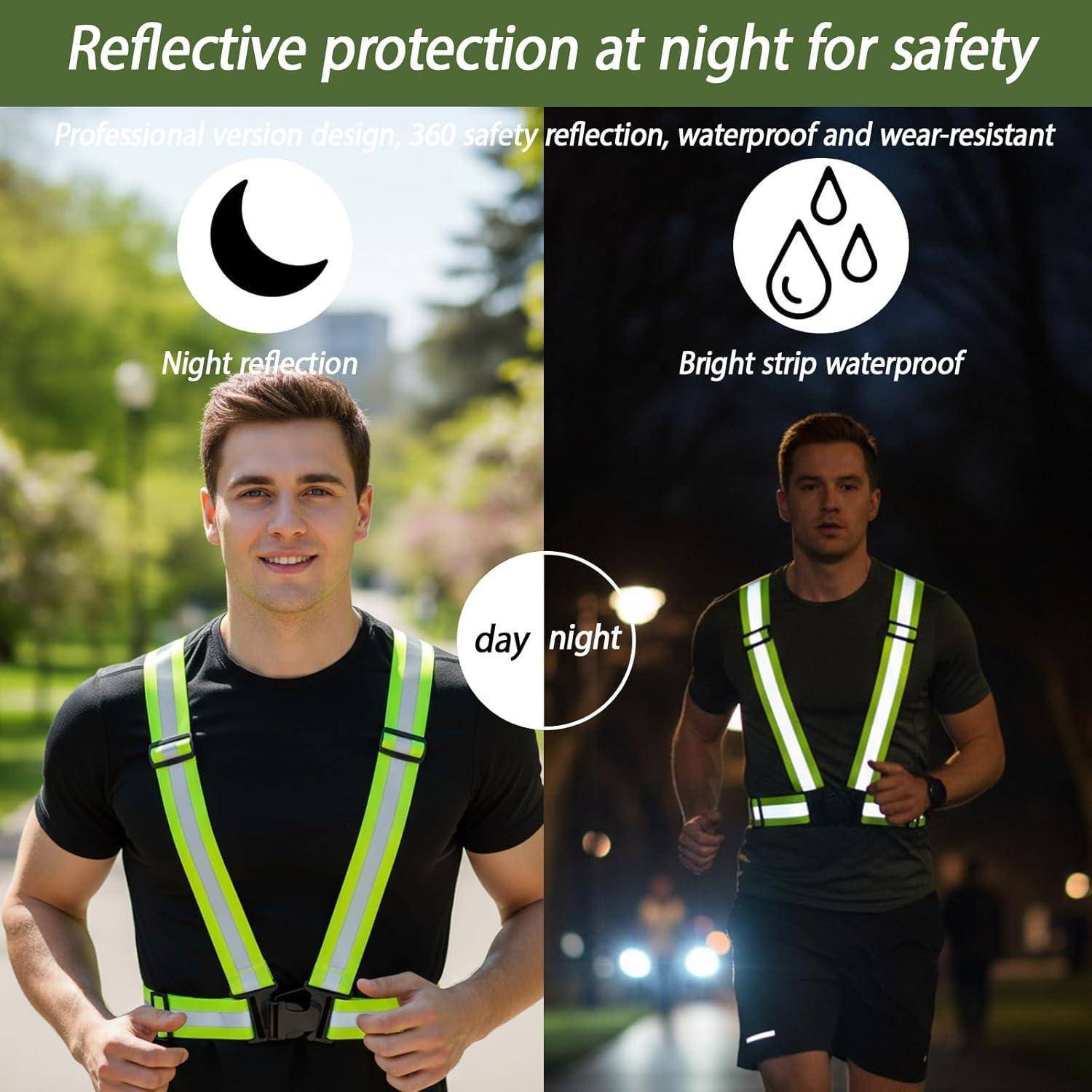 # Geteilte Bildvergleich von reflektierender Sicherheitsweste bei Tageslicht und in der Nacht, mit Symbolen für Nachtreflektion und wasserdichte Eigenschaften, die Sichtbarkeit bei einem Läufer zeigen.