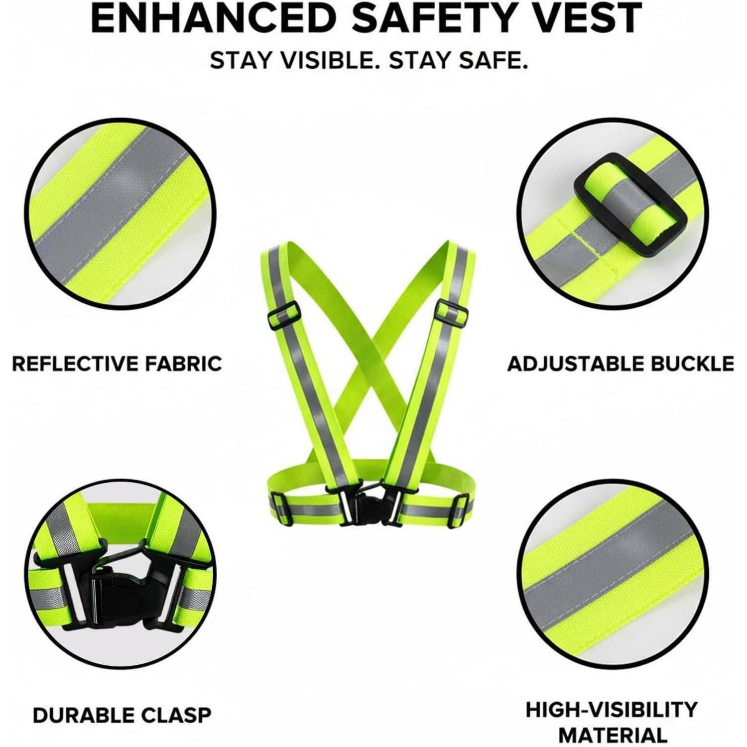 Infografik einer "Verbesserten Sicherheitsweste"" mit neongelben reflektierenden Streifen mit verstellbarem Verschluss, strapazierfähiger Verschlussklammer, reflektierendem Stoff und hochsichtbarem Material.