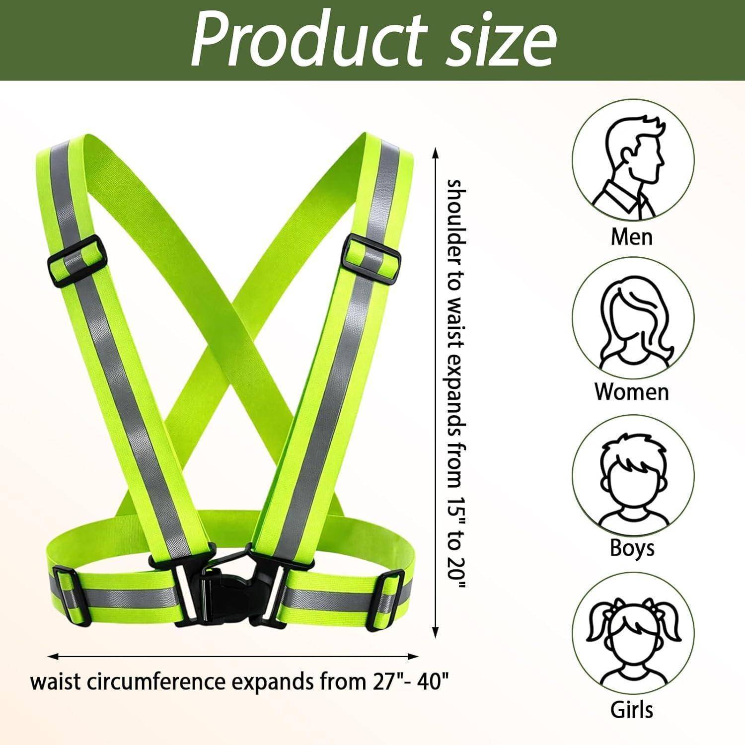 Größentabelle für ein Warnschutz-Geschirr: Schulter bis Taille 15-20 Zoll, Taille 27-40 Zoll, gezeigt für Männer, Frauen, Jungen und Mädchen.