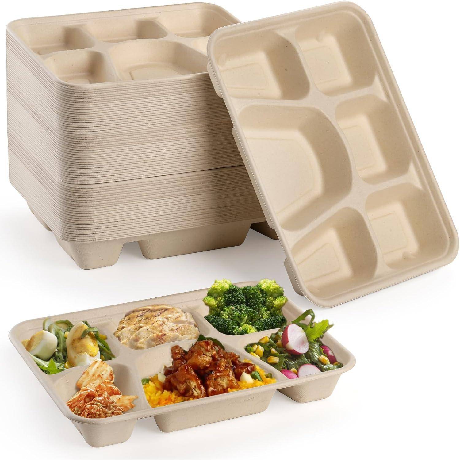 Peohud 50 Stück Einweg Papierteller mit 6 Fächern,Umweltfreundliches Zuckerrohr Bagasse Einwegteller Lunch-Tablett,Hochbelastbare Zuckerrohrplatten