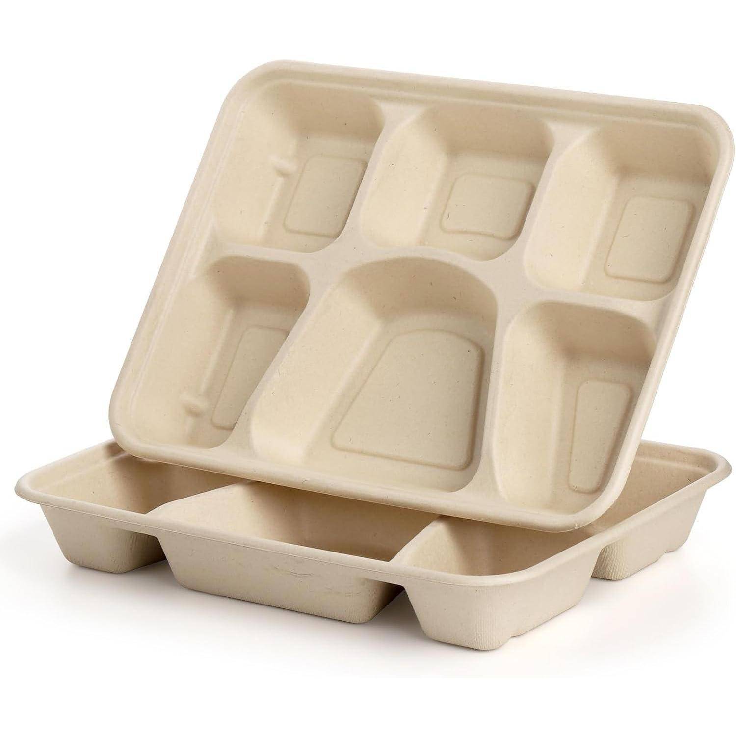 Peohud 50 Stück Einweg Papierteller mit 6 Fächern,Umweltfreundliches Zuckerrohr Bagasse Einwegteller Lunch-Tablett,Hochbelastbare Zuckerrohrplatten