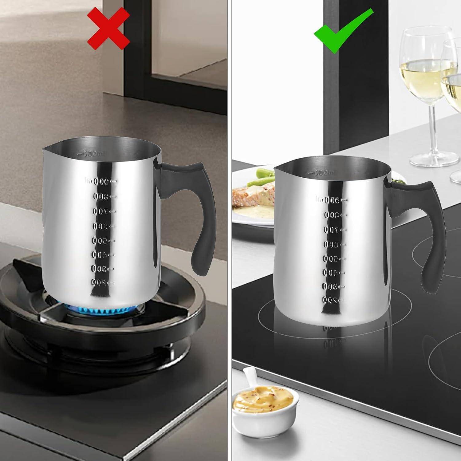 Bild aufgeteilt, das einen Metallkrug auf einem Gasbrenner zeigt, der als falsch gekennzeichnet ist, und auf einer Elektrokochplatte, die als richtig gekennzeichnet ist, was anzeigt, dass er für Induktions-/Elektrokochfelder geeignet ist.