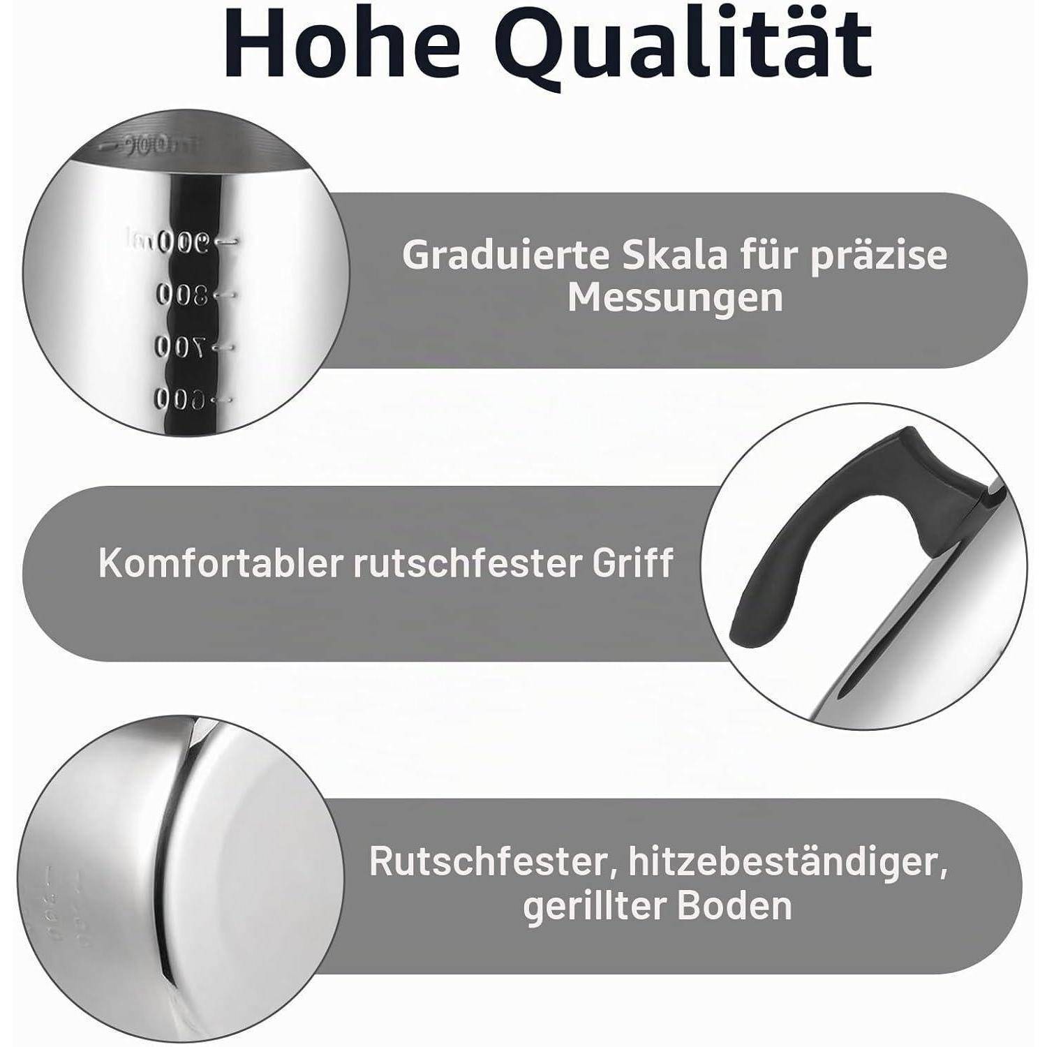 Hochwertige Messbehälter mit graduierter Skala, ergonomischem rutschfestem Griff und hitzebeständiger gerillter Basis.