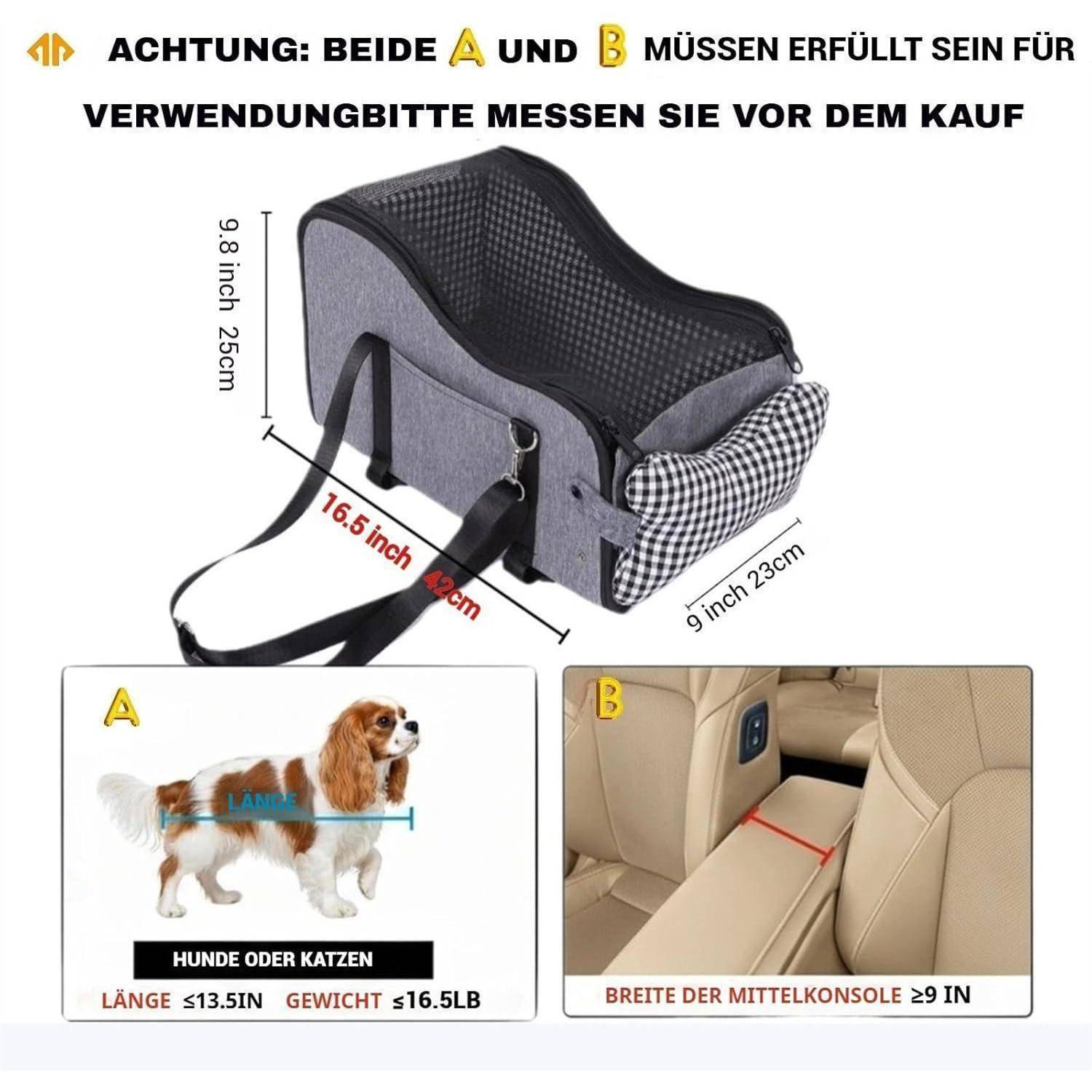 Mittelkonsole Hundeautositz, Haustier-Welpen-Autositz, Mittelkonsole, Armlehne für kleine Hunde (Kariert) (Grau)