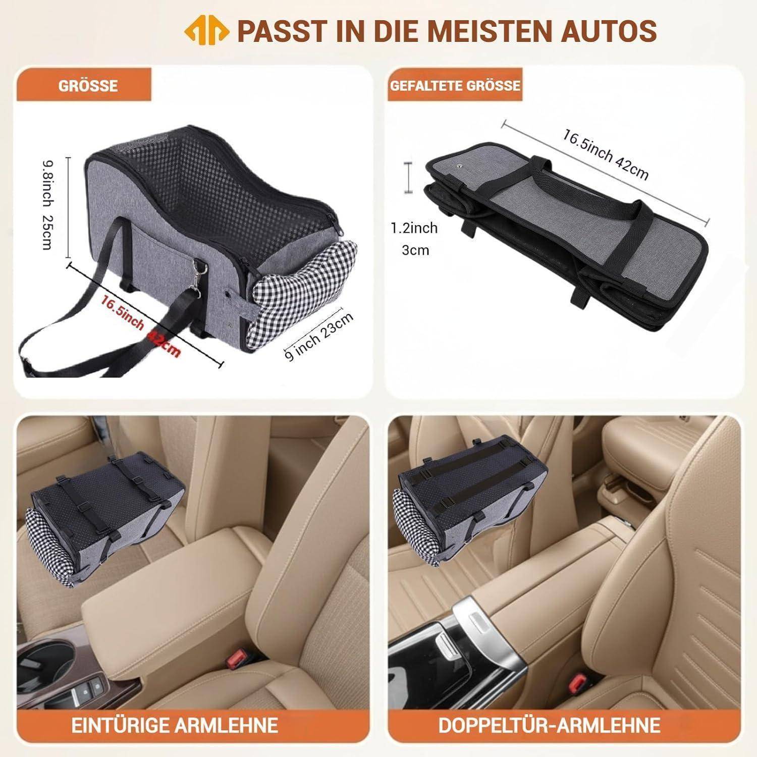 Mittelkonsole Hundeautositz, Haustier-Welpen-Autositz, Mittelkonsole, Armlehne für kleine Hunde (Kariert) (Grau)