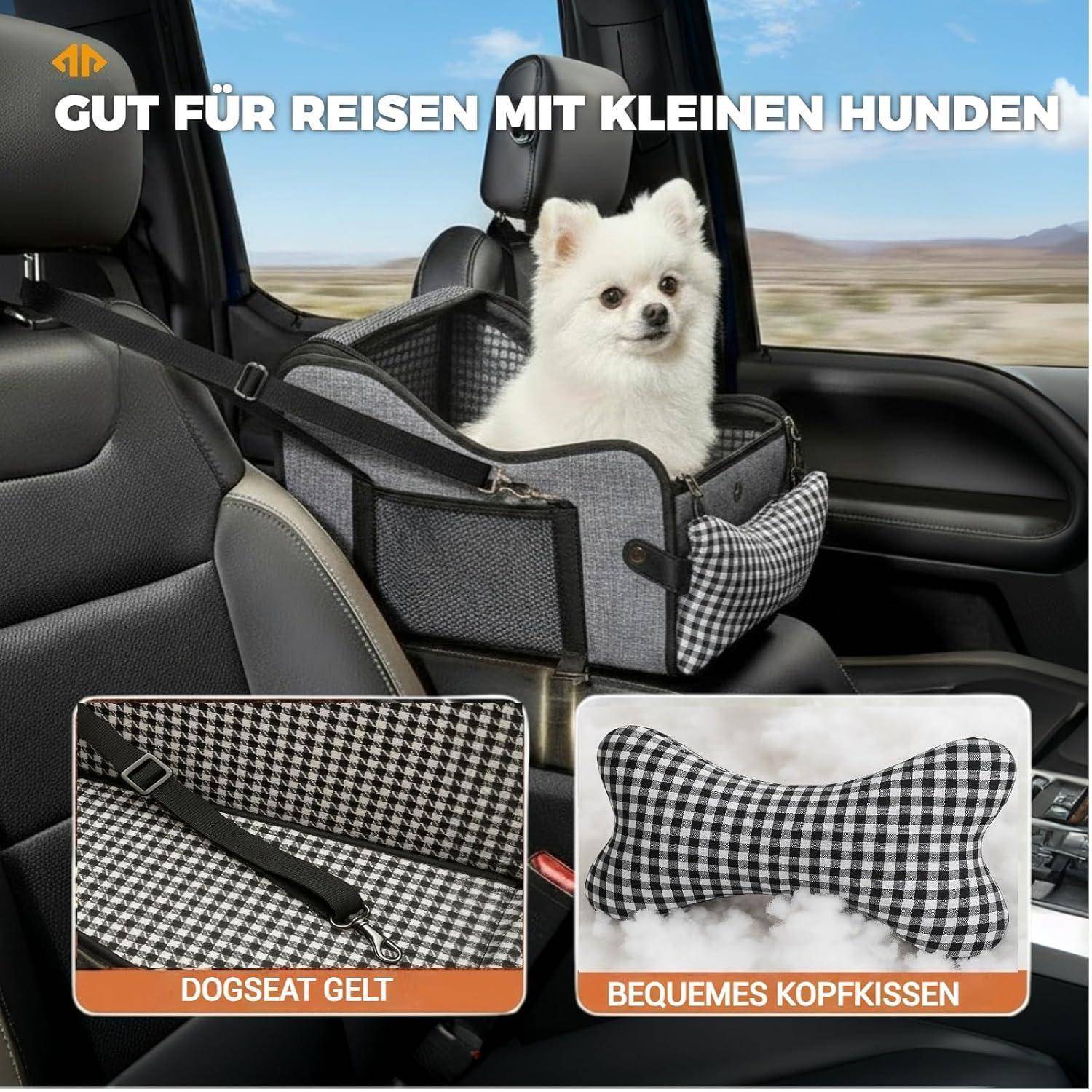 Mittelkonsole Hundeautositz, Haustier-Welpen-Autositz, Mittelkonsole, Armlehne für kleine Hunde (Kariert) (Grau)