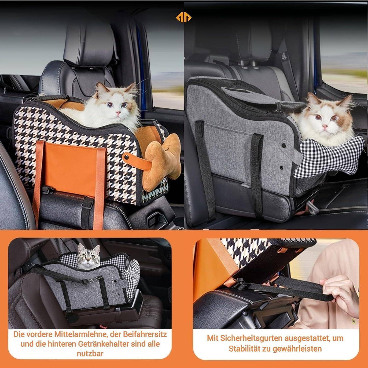 Mittelkonsole Hundeautositz, Haustier-Welpen-Autositz, Mittelkonsole, Armlehne für kleine Hunde (Kariert) (Grau)