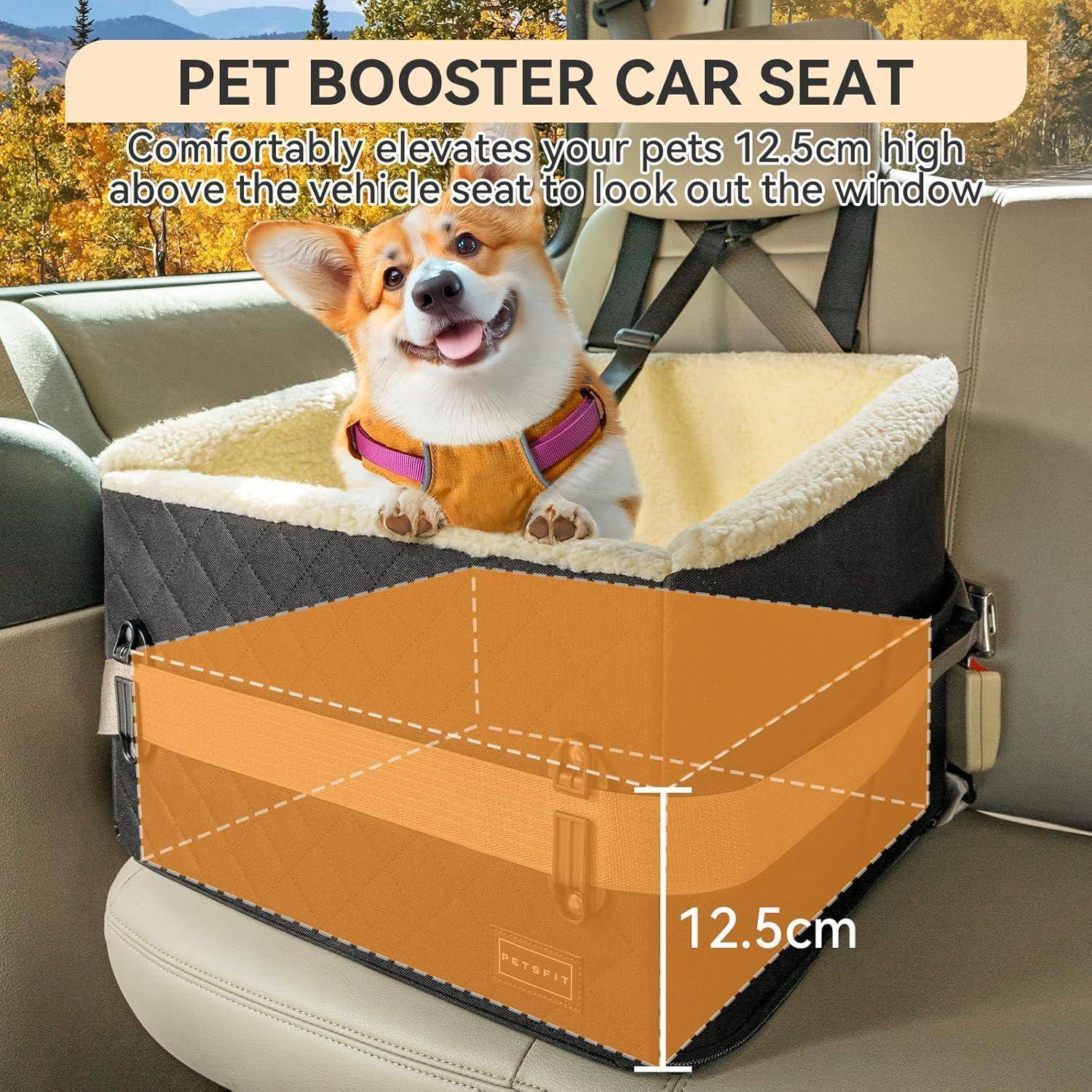 PETSFIT Hunde Autositz erhöht 12.5cm, Hundesitz Auto Rückbank mit Sicherheitspatent, Hundeautositz mit abnehmbarem Plüschbezug, Hundekorb Auto für