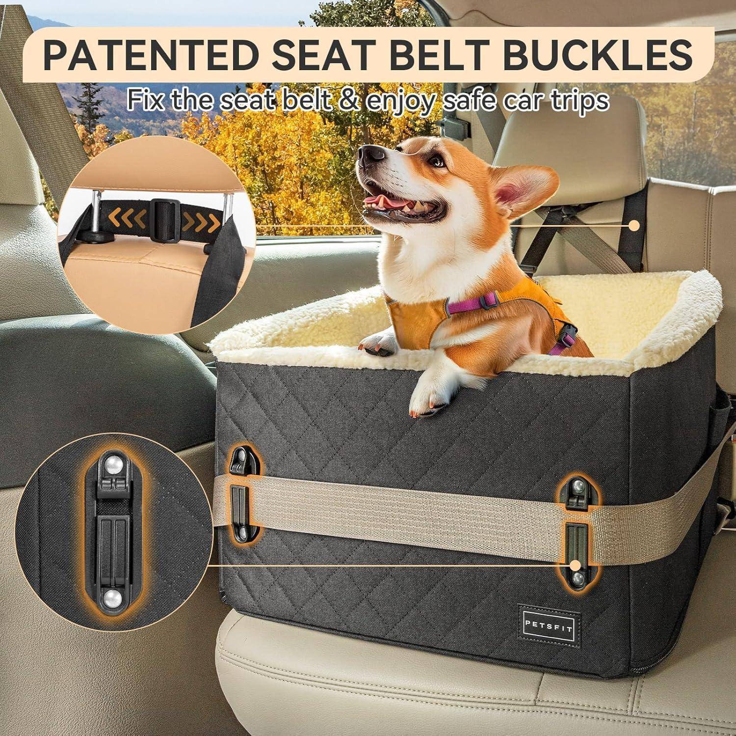 PETSFIT Hunde Autositz erhöht 12.5cm, Hundesitz Auto Rückbank mit Sicherheitspatent, Hundeautositz mit abnehmbarem Plüschbezug, Hundekorb Auto für