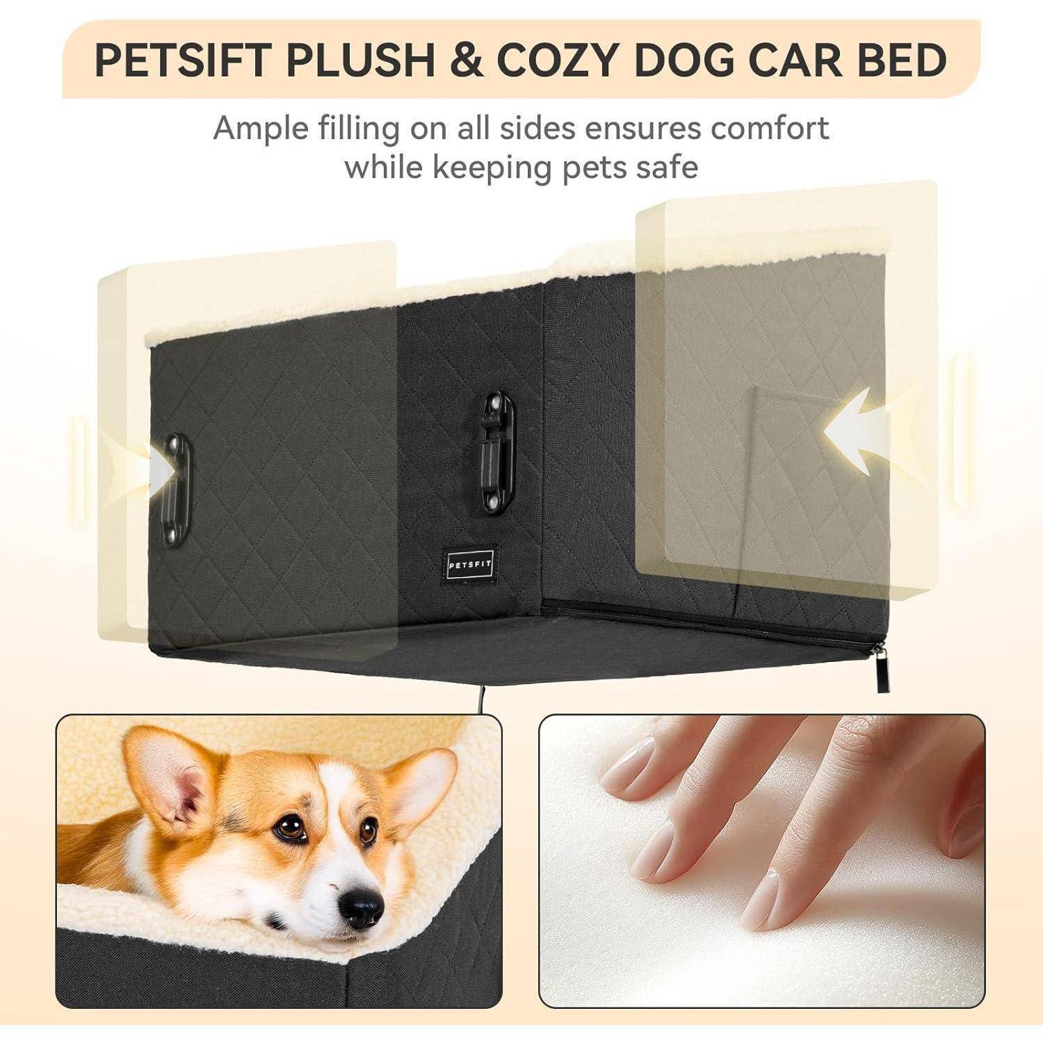 PETSFIT Hunde Autositz erhöht 12.5cm, Hundesitz Auto Rückbank mit Sicherheitspatent, Hundeautositz mit abnehmbarem Plüschbezug, Hundekorb Auto für
