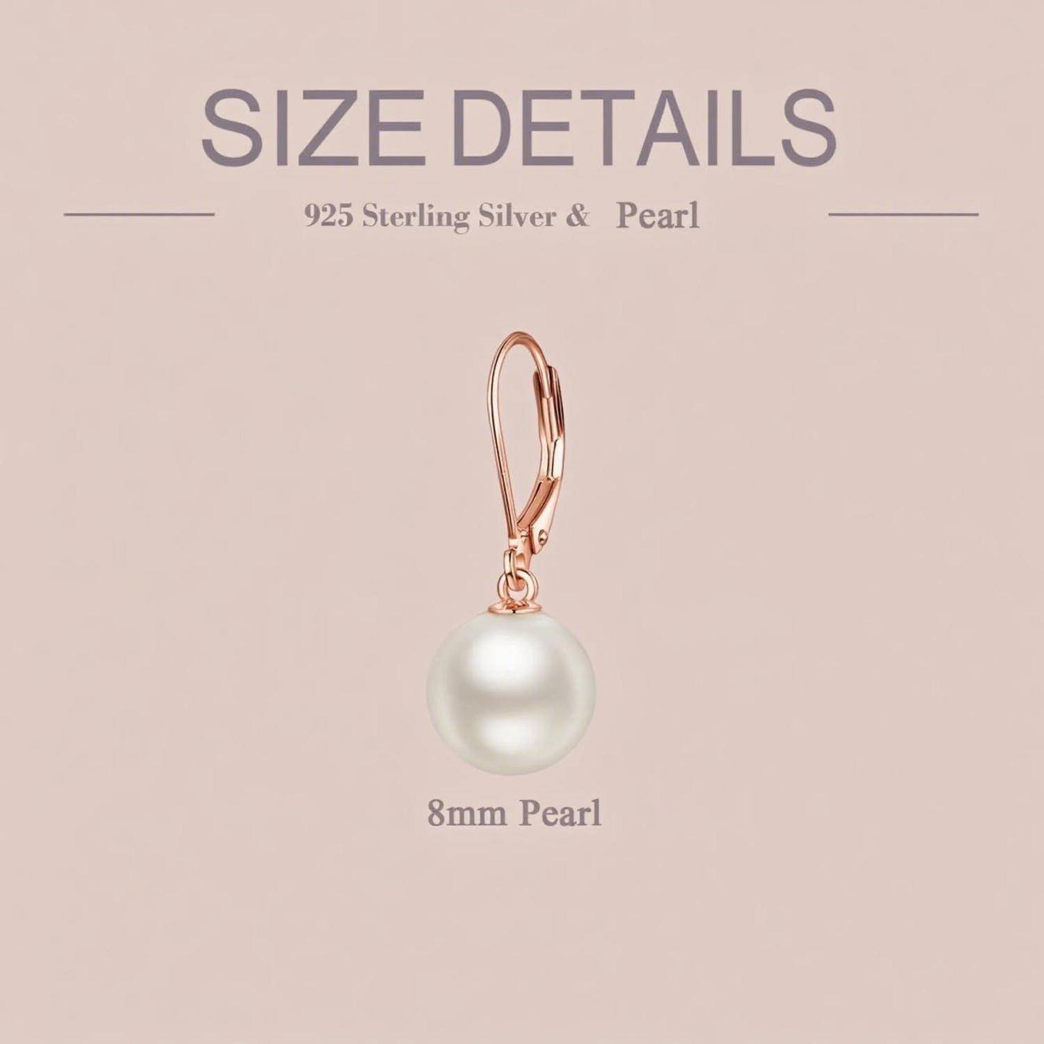 Produktgrößendetails-Grafik mit einem roségoldfarbenen Ohrring mit einer 8-mm-Perle, gekennzeichnet als 
