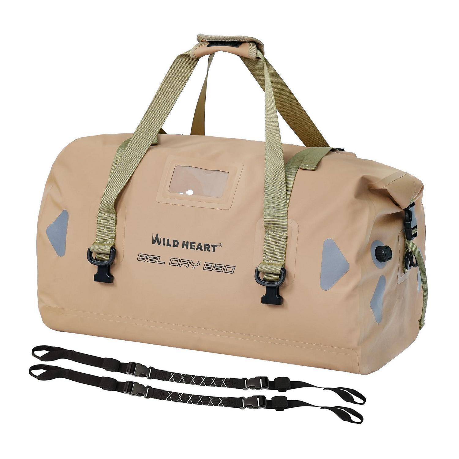 Beige Wild Heart 55L Trockensack Reisetasche mit Schultergurten und zwei abnehmbaren Tragehenkel auf weißem Hintergrund.
