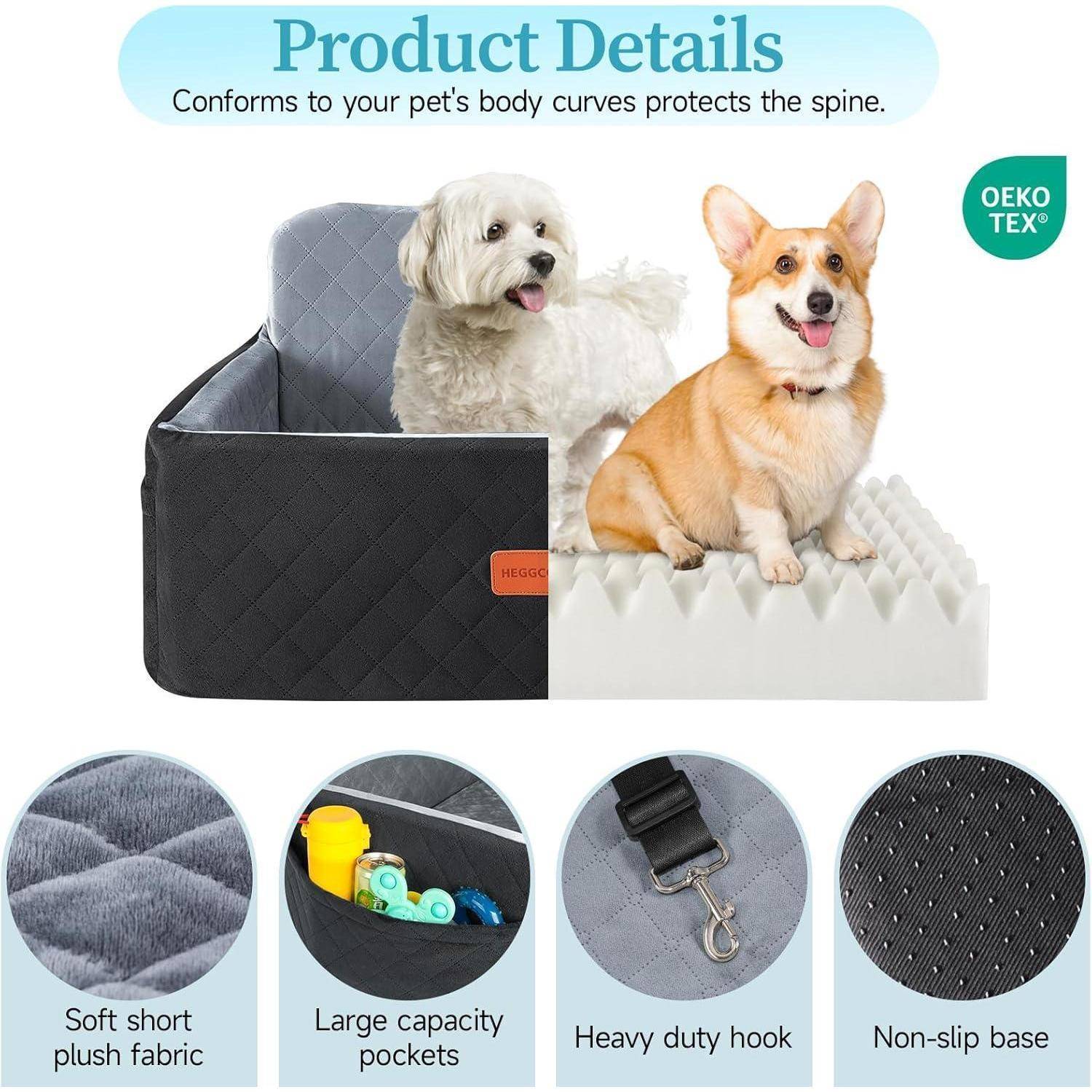 Produktdetails für Hundebett mit gepolstertem Kastendesign, gezeigt mit zwei Hunden, sowie Nahaufnahmen von weichem Plüschstoff, Aufbewahrungstasche, robustem Haken und rutschfester Basis.