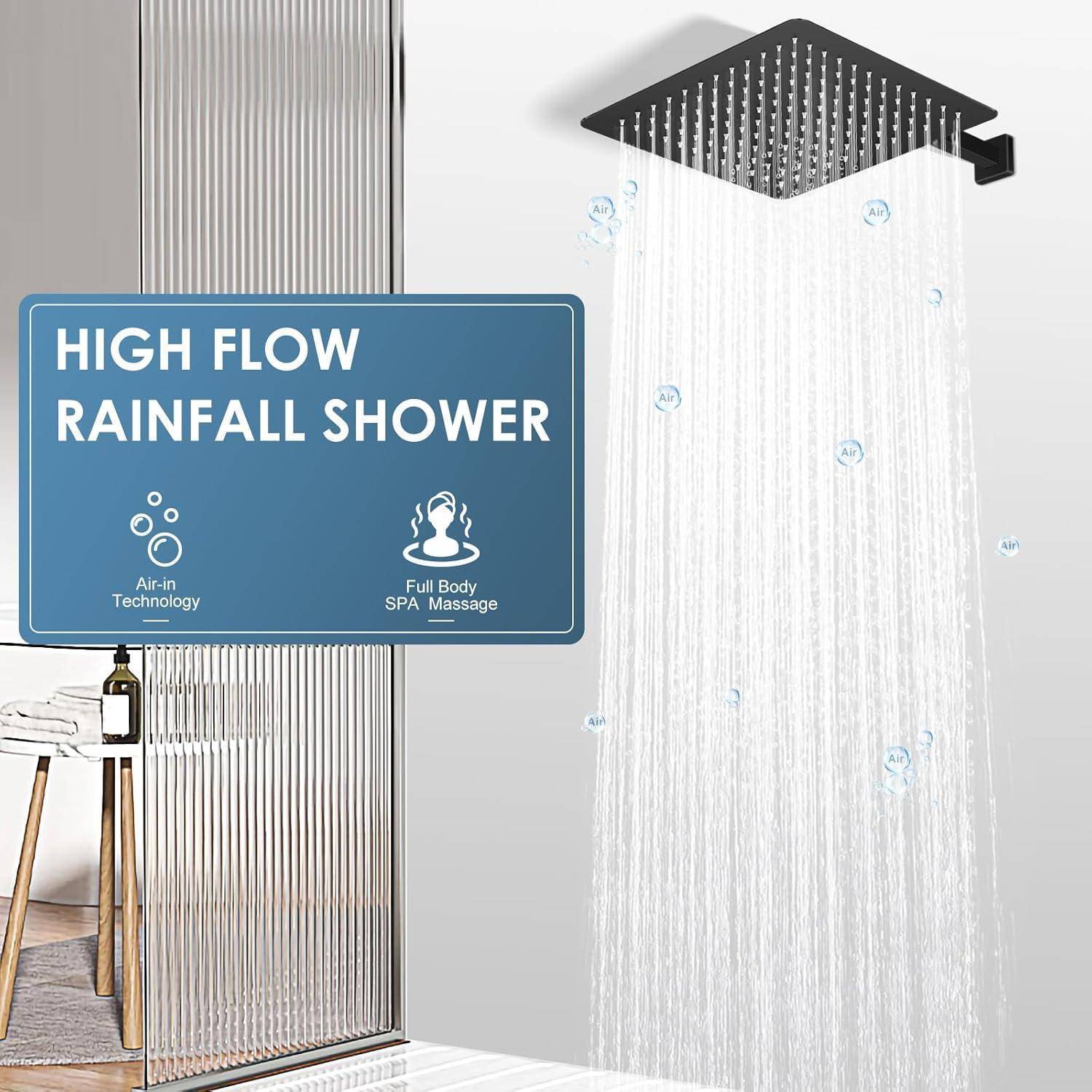 30CM Duschkopf Regendusche Schwarz Groß, 304 Edelstahl Quadrat Duschkopf Wassersparend, Mit 144 Anti Kalk Düsen, 360° Wasserfall 12 Zoll Decken Reg