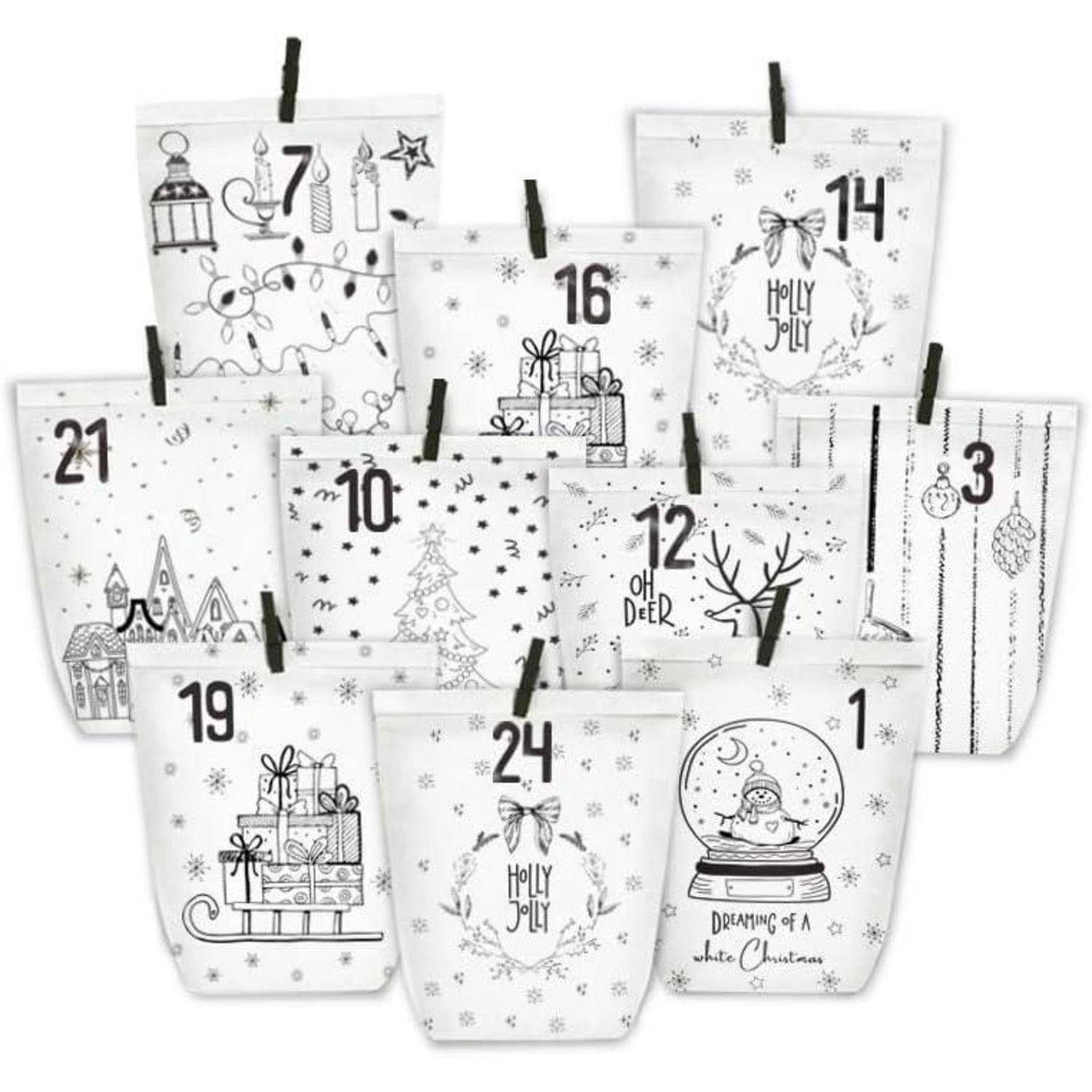 Schwarz-weiß illustrierter Adventskalender mit nummerierten Geschenktüten (1, 3, 7, 10, 12, 14, 16, 19, 21, 24) mit Weihnachtszeichnungen wie Geschenken, Kränzen und Schneekugeln.