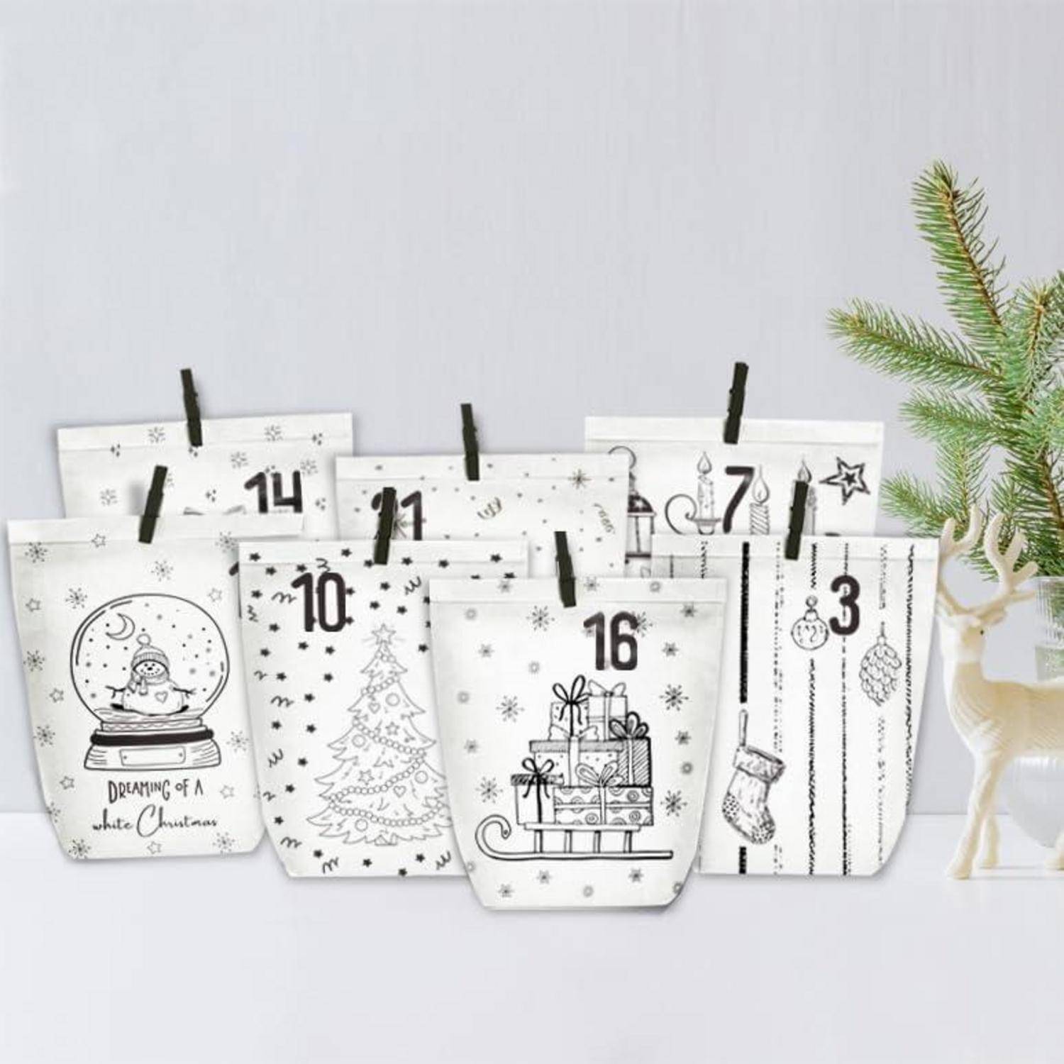 Sechs nummerierte Weihnachts-Adventskalender-Karten in einer Reihe angebracht, jede mit schwarz-weißen Weihnachtsillustrationen wie eine Schneekugel, Baum, Geschenke, Strumpf und Kerze.
