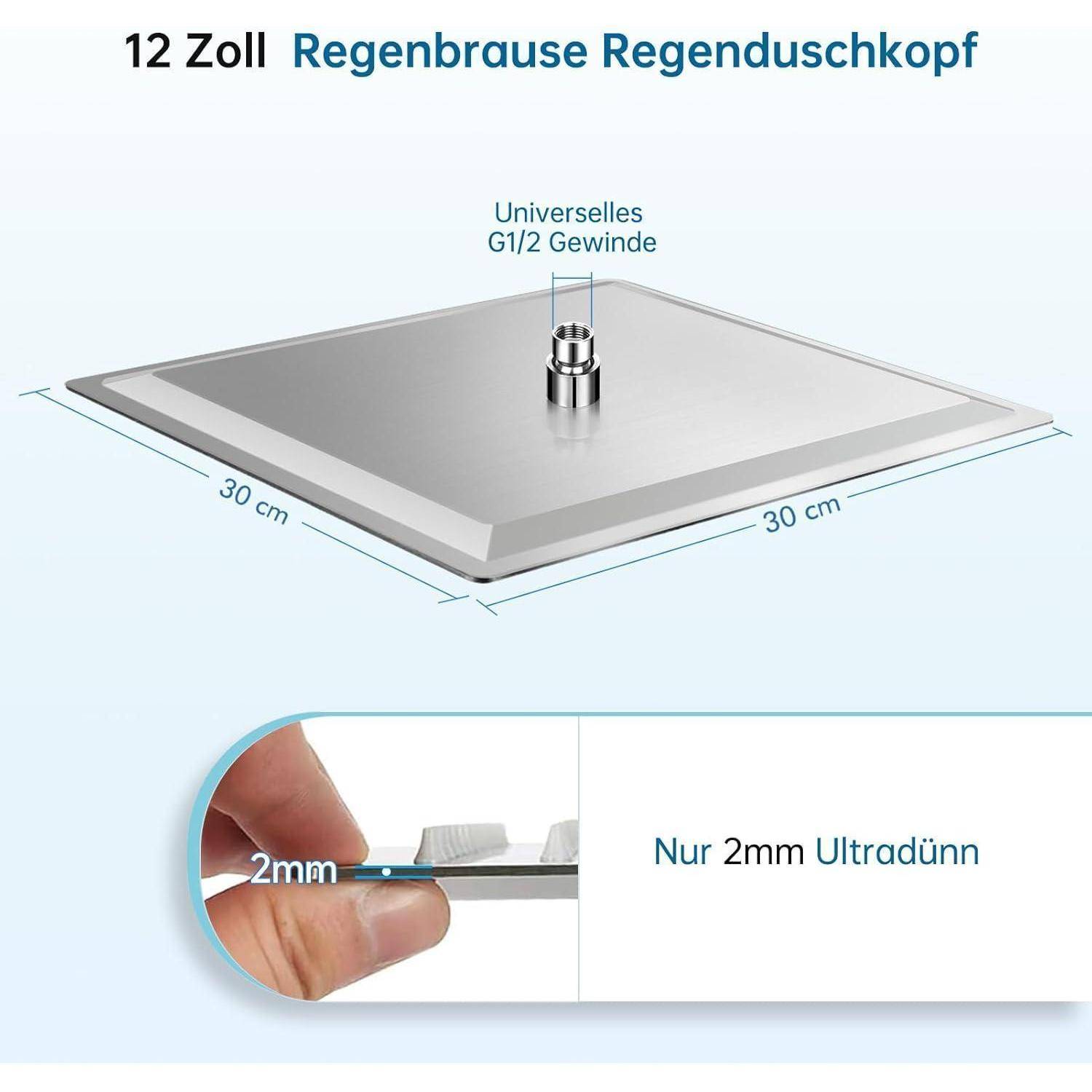 Quadratischer 30-cm-Regenbrausekopf, 30 cm × 30 cm, universelles G1/2-Gewinde, ultradünnes 2-mm-Profil.
