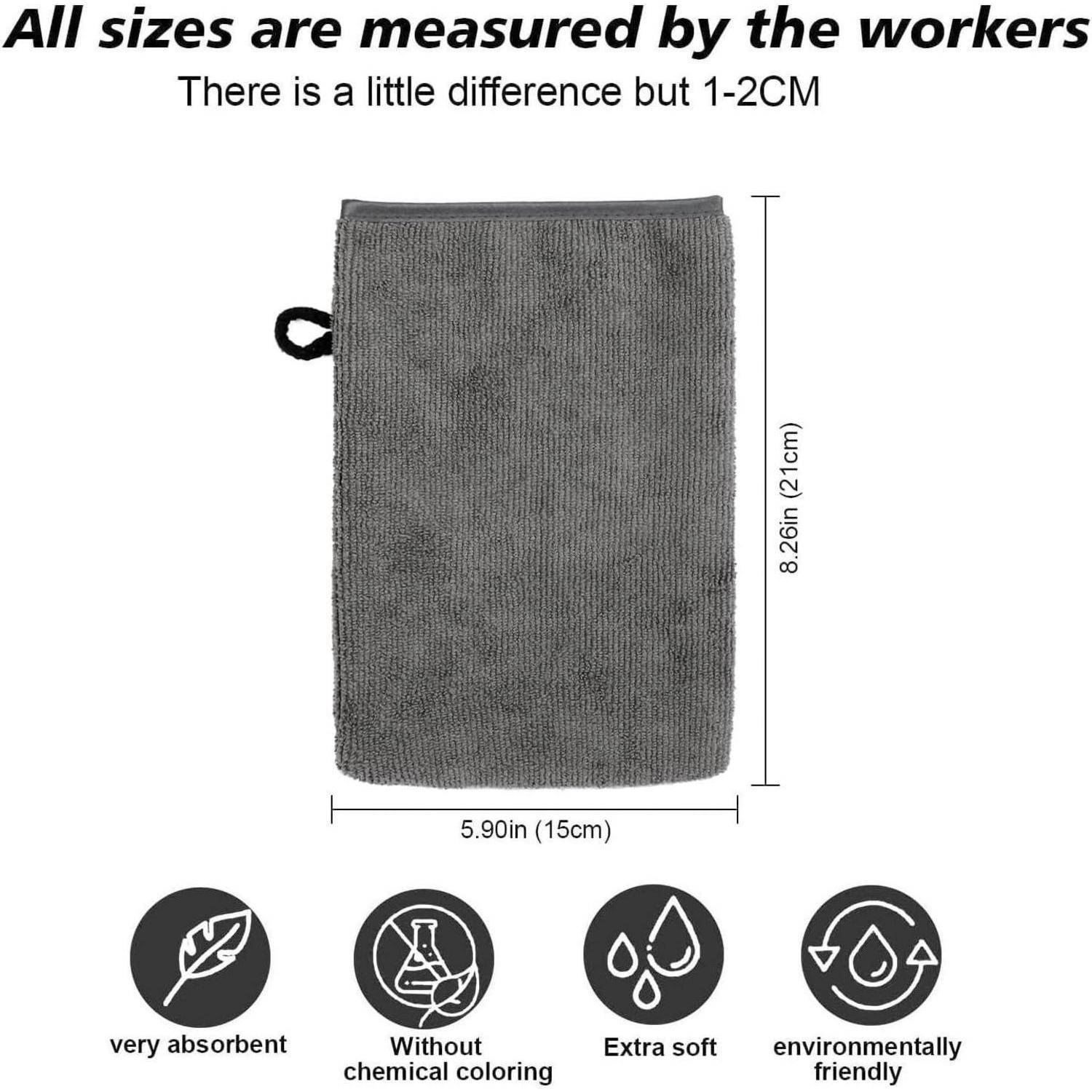 Graues rechteckiges Badetuch mit Größenetikett: 8,26 Zoll (21 cm) groß und 5,90 Zoll (15 cm) breit, plus Symbole für sehr saugfähig, weich, farbstofffrei und umweltfreundlich.