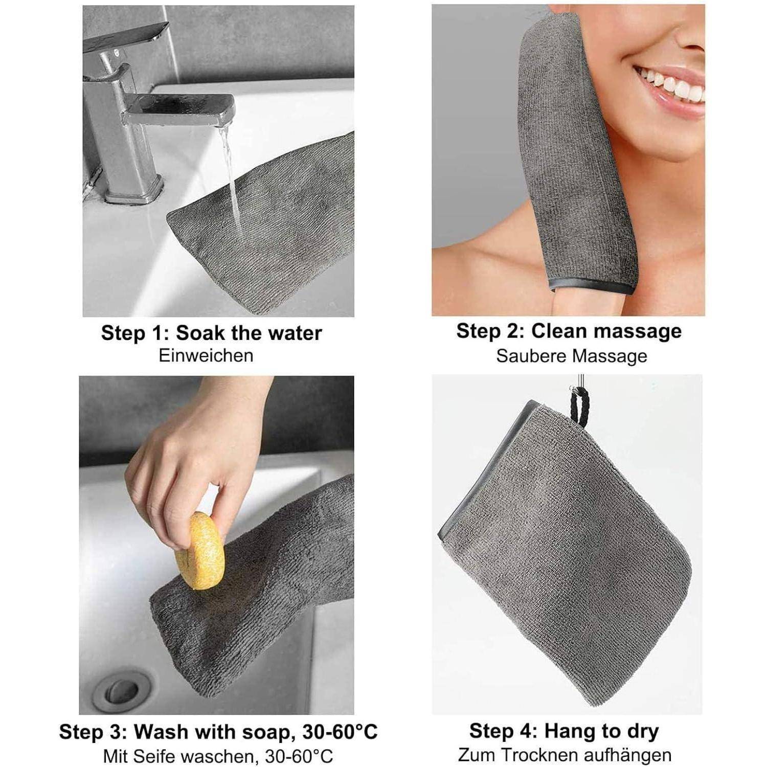 Vierschrittiger Pflegeguide für ein graues Massagehandtuch: in Wasser einweichen, Körper abwischen, mit Seife bei 30–60°C waschen, dann zum Trocknen aufhängen.
