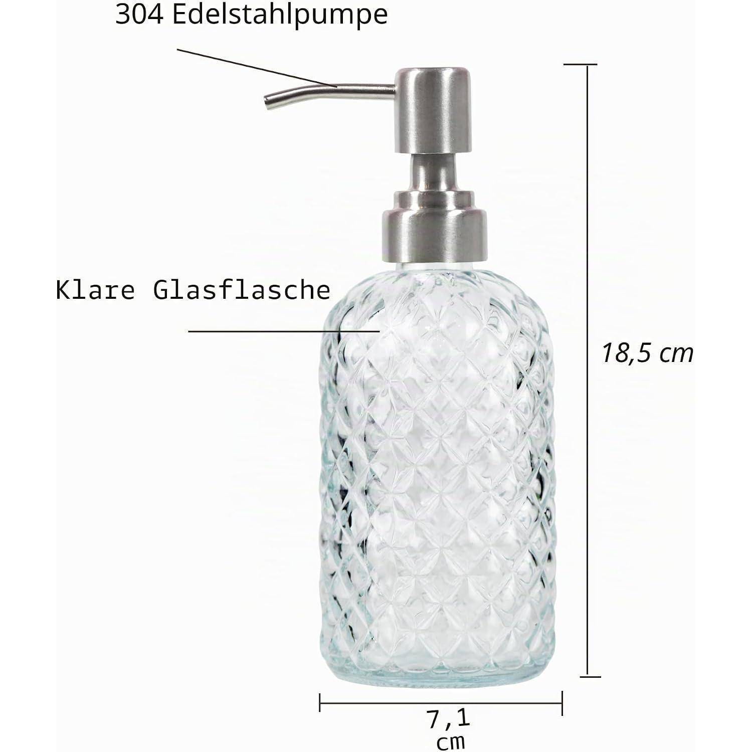 Klare Glaseife Dispenser Flasche mit 304 Edelstahlpumpe, gekennzeichnet 18,5 cm hoch und 7,1 cm breit.