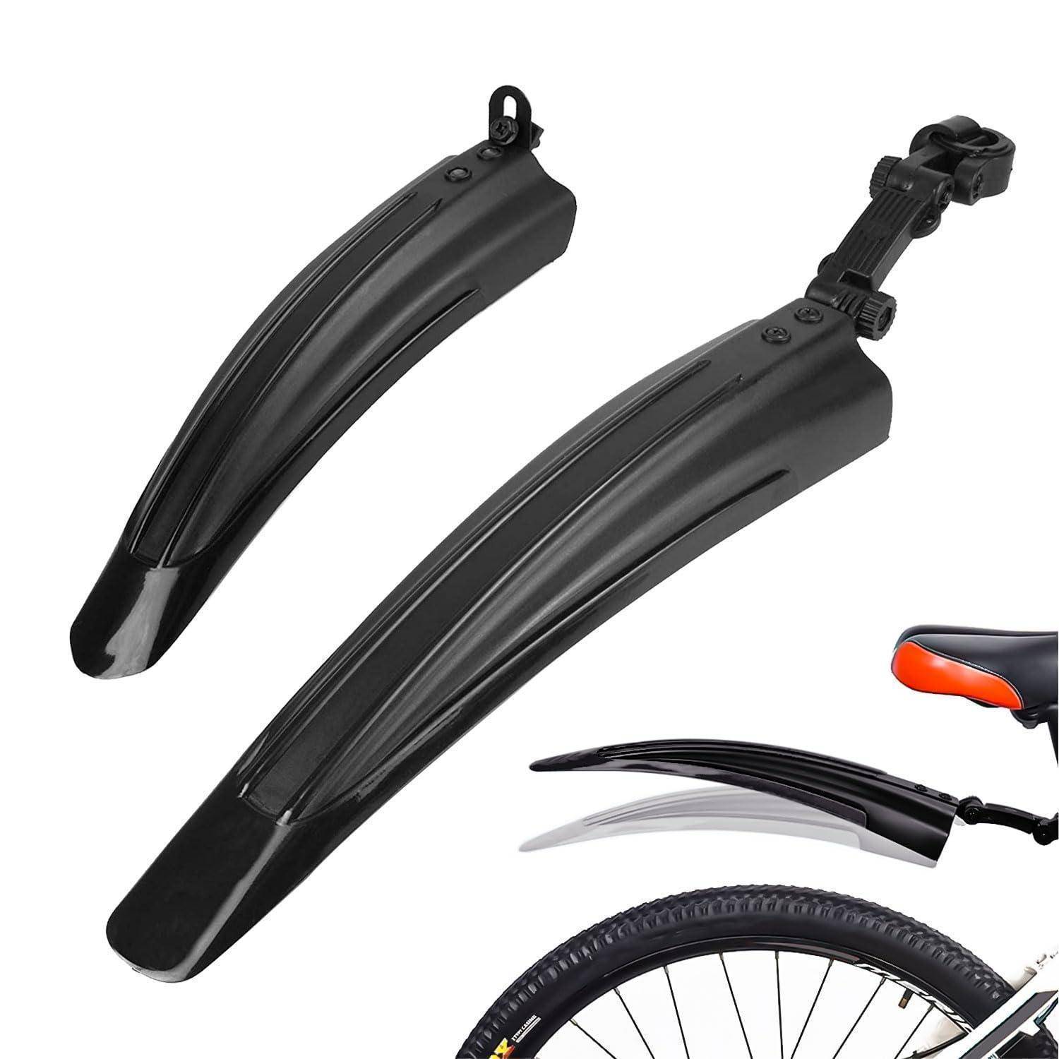 Schwarze Fahrradsschutzbleche mit Montagezubehör, in mehreren Größen dargestellt und über einem Fahrradrad installiert zur Verwendung als Schutzbleche.