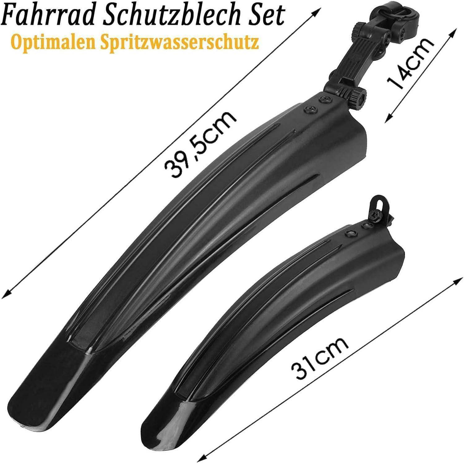 Zwei schwarze Fahrrauschutzbleche mit Befestigungsbrackets, beschriftet mit „Fahrrad Schutzblech Set" und Abmessungen von 39,5 cm, 31 cm und 14 cm.