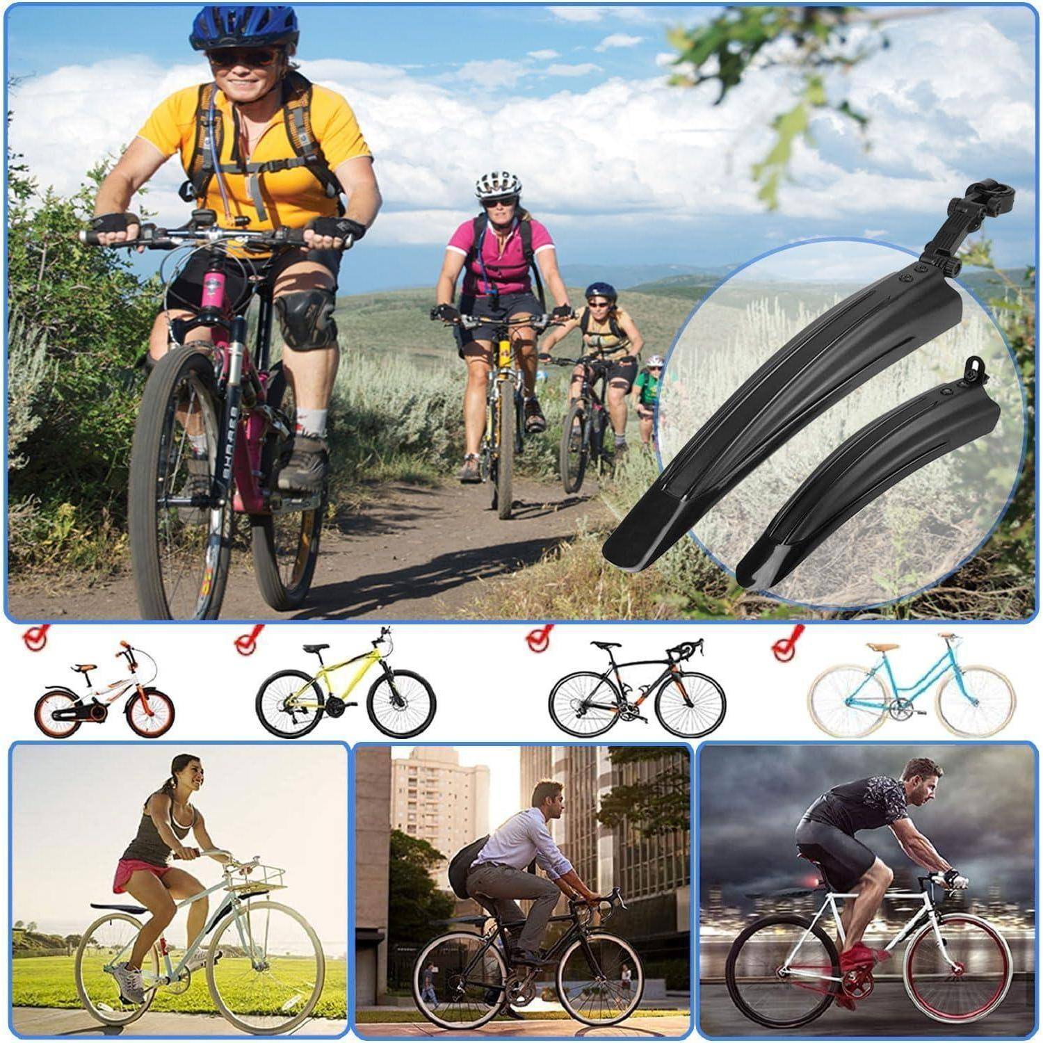 Collage von Radfahrern, die Fahrräder im Freien fahren, mit gezeigten Schutzblechen und kleineren Bildern verschiedener Fahrradstile darunter.