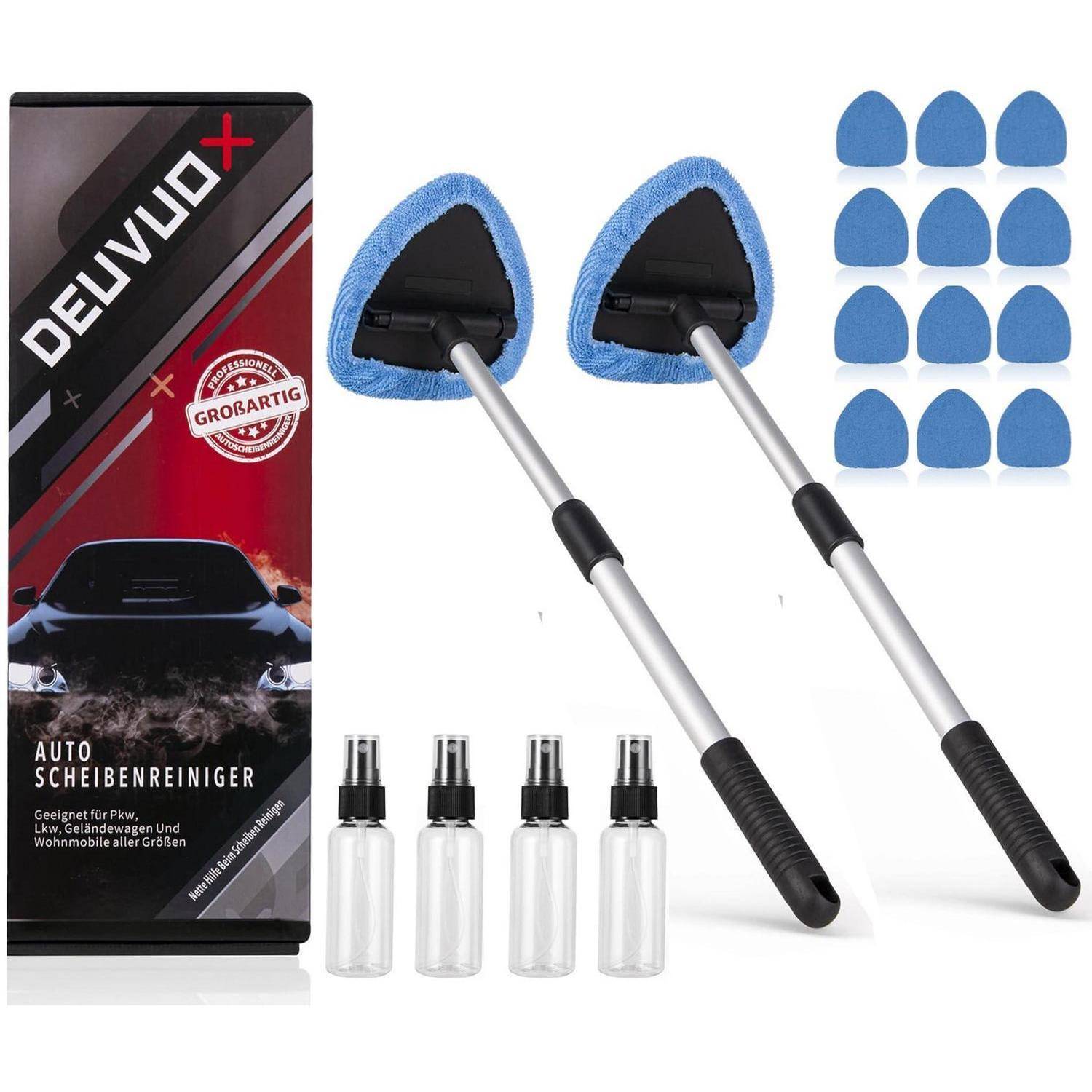 Autowisch-Reinigungsset mit zwei blauen dreieckigen Staubtuchköpfen, vier Sprühflaschen und zusätzlichen blauen Ersatzpads in Markenverpackung.