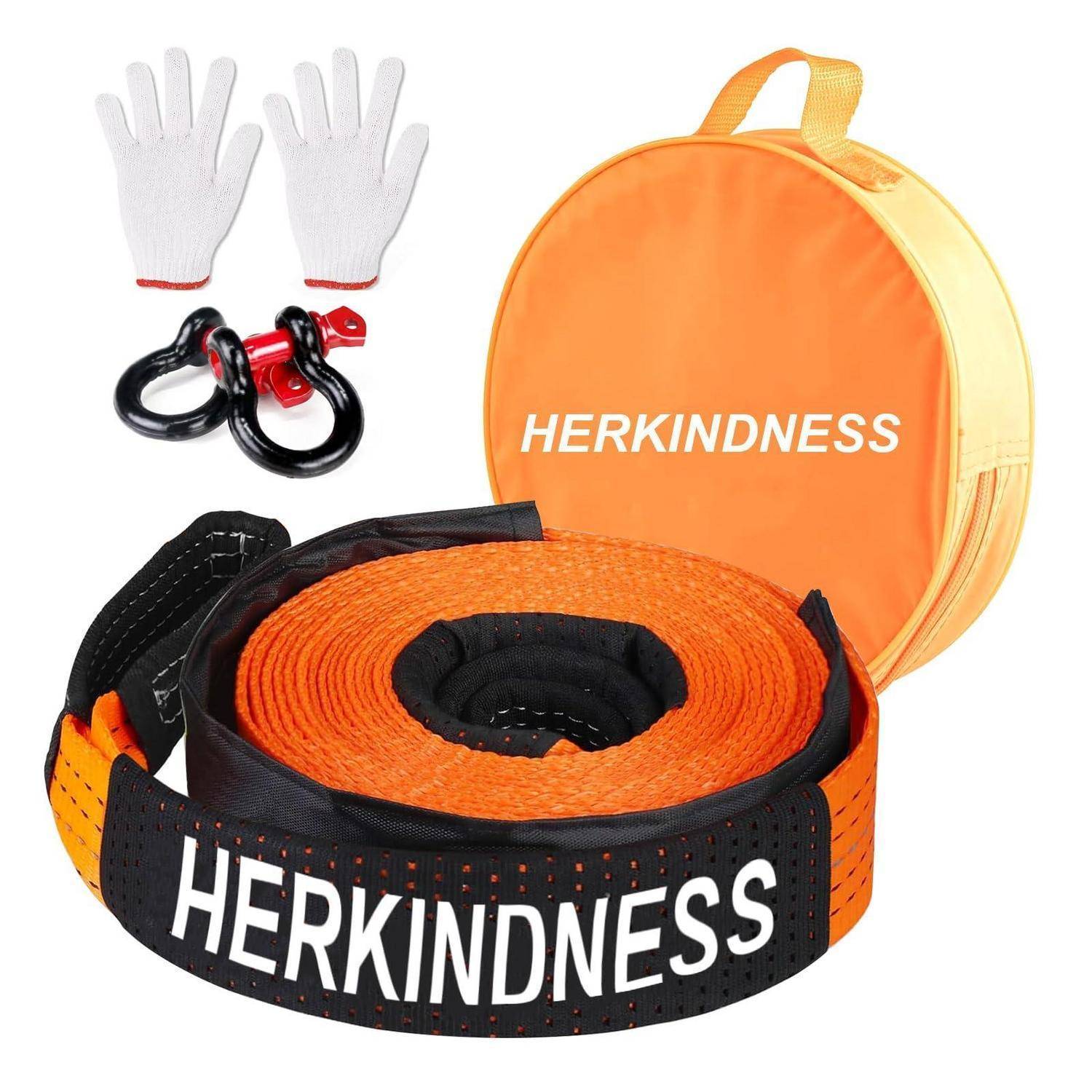 Orange Hilfsset zum Abschleppen mit Aufbewahrungskoffer, Handschuhen und Metallhaken auf weißem Hintergrund dargestellt.