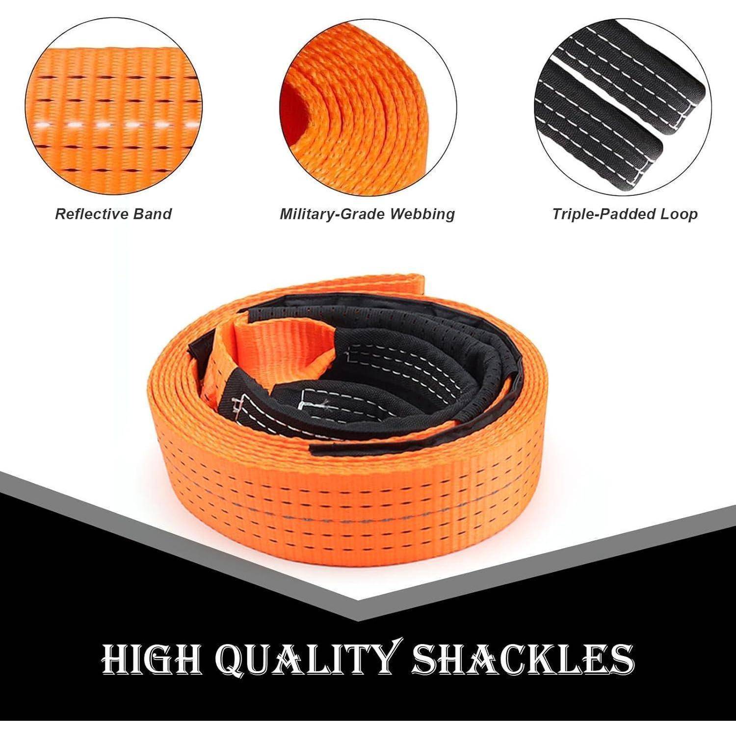 Orange- und schwarzer Abschleppgurt aufgerollt mit Nahaufnahmen für das reflektierende Band, Militär-Qualitäts-Webbing und dreifach gepolsterte Schlaufe; die Beschriftung besagt „HOCHWERTIGE SCHÄKEL