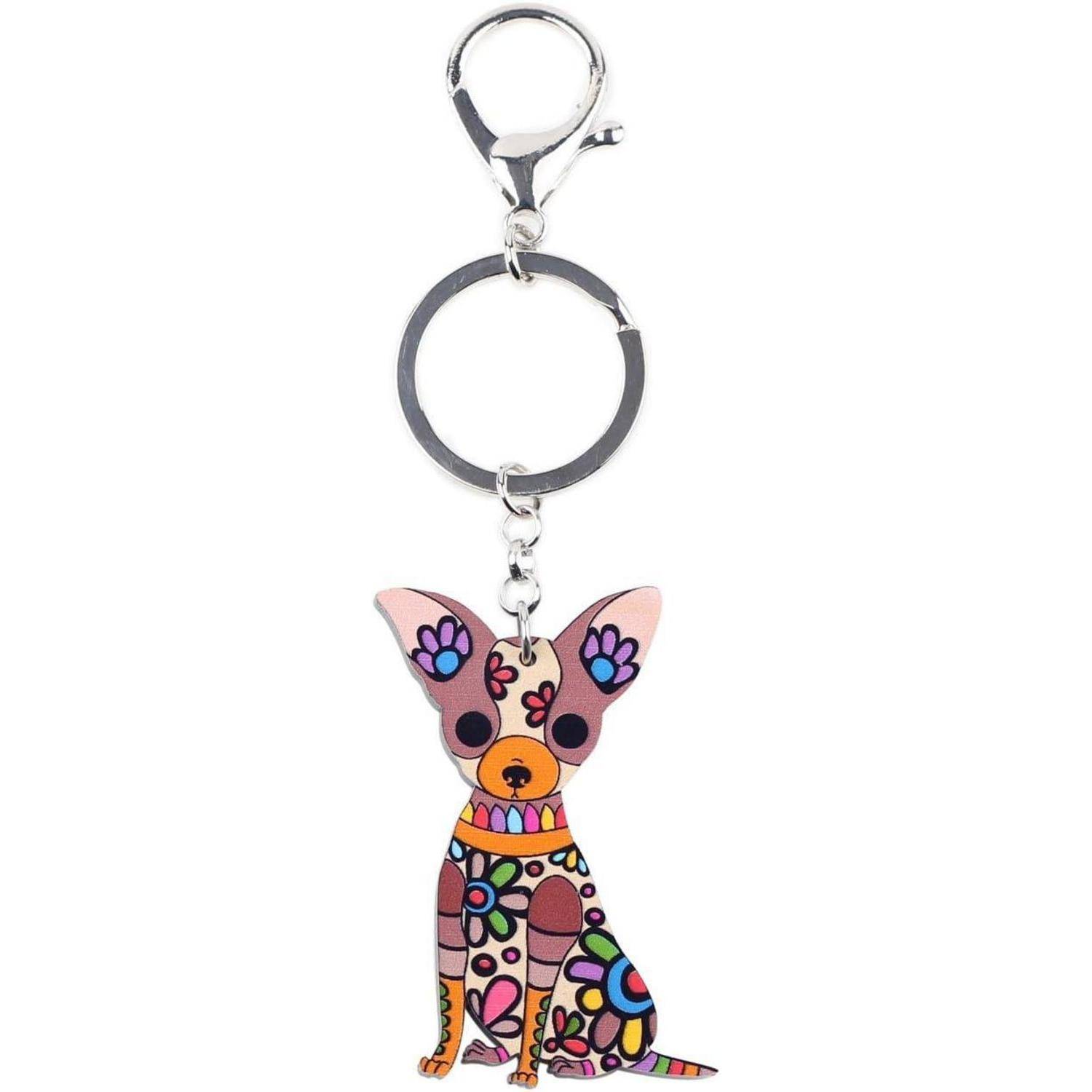 Bunter Chihuahua-förmiger Schlüsselanhänger mit Metallverschluss und Ring, mit Blumenmuster und leuchtenden dekorativen Akzenten.