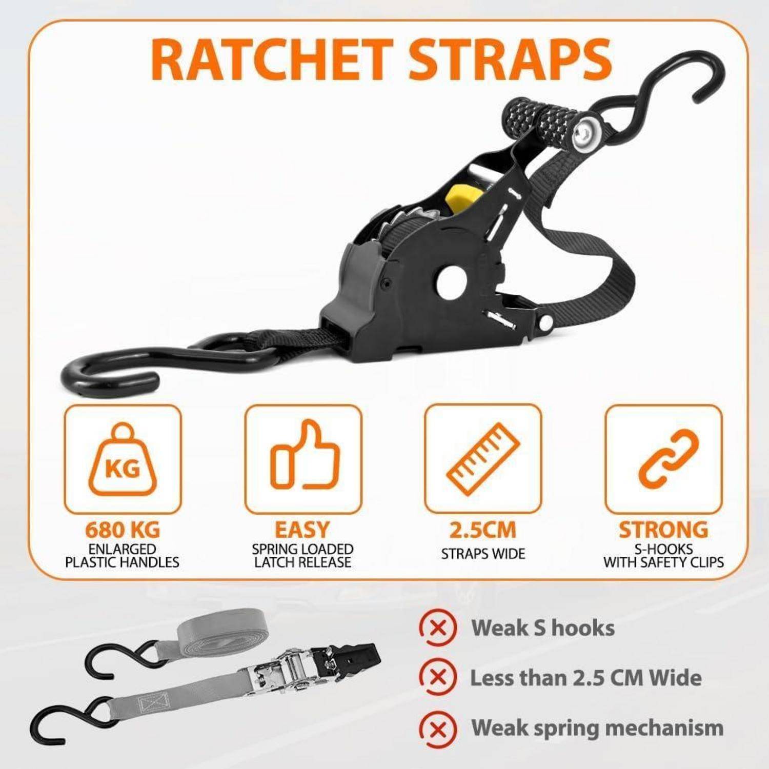 Produktgrafik für Spanngurte mit Haken, mit einer Tragfähigkeit von 680 kg, einer Gurtbreite von 2,5 cm, leicht zu bedienender federbelasteter Verschlussverriegelung und stabilen S-Haken mit Sicherungsclips; warnt vor schwachen S-Haken, schmalen Gurten und schwachen Federn.